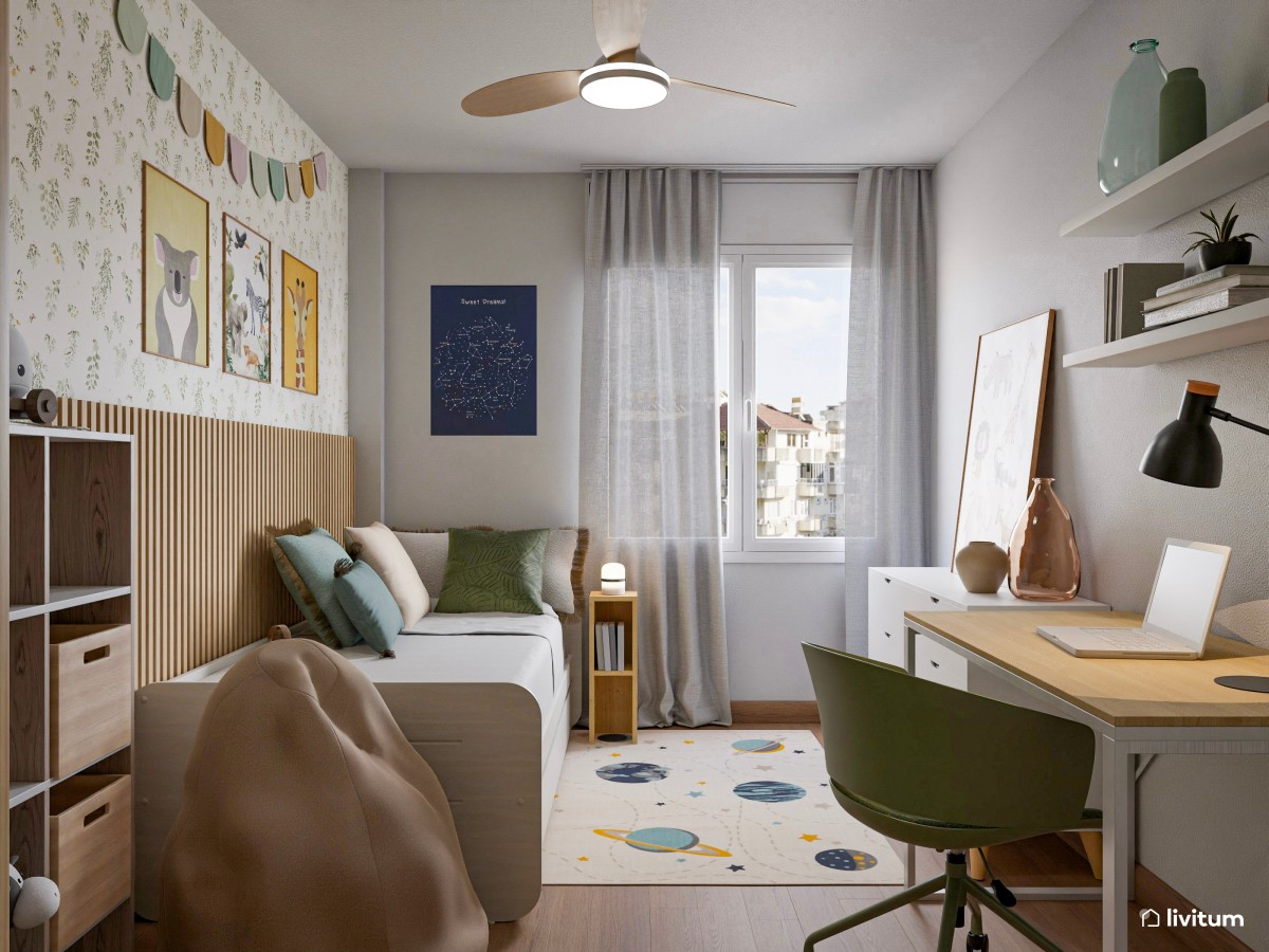 Habitación infantil con escritorio y confort acústico asegurado