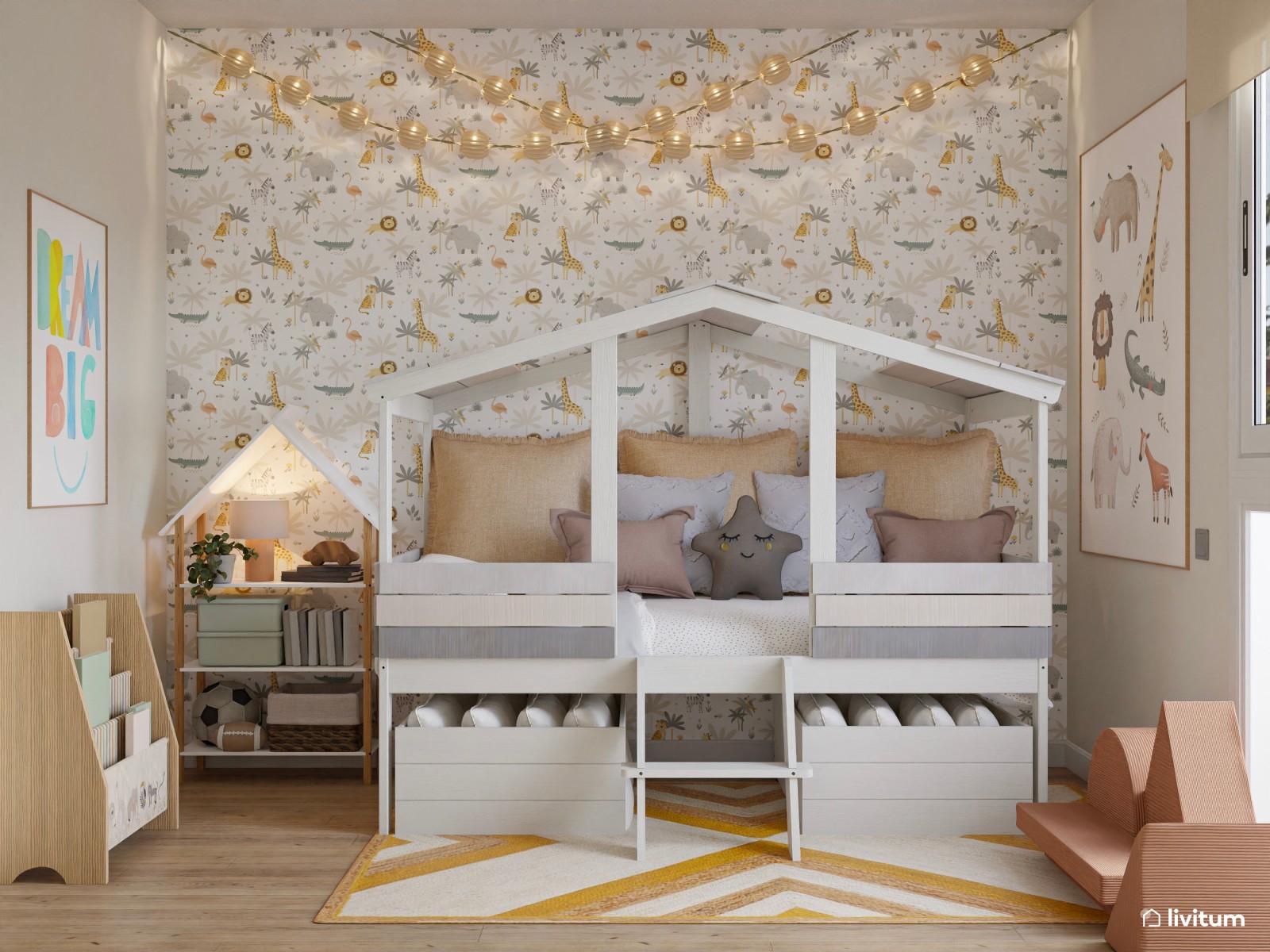 Habitación infantil con gran capacidad de almacenaje y cama casita 