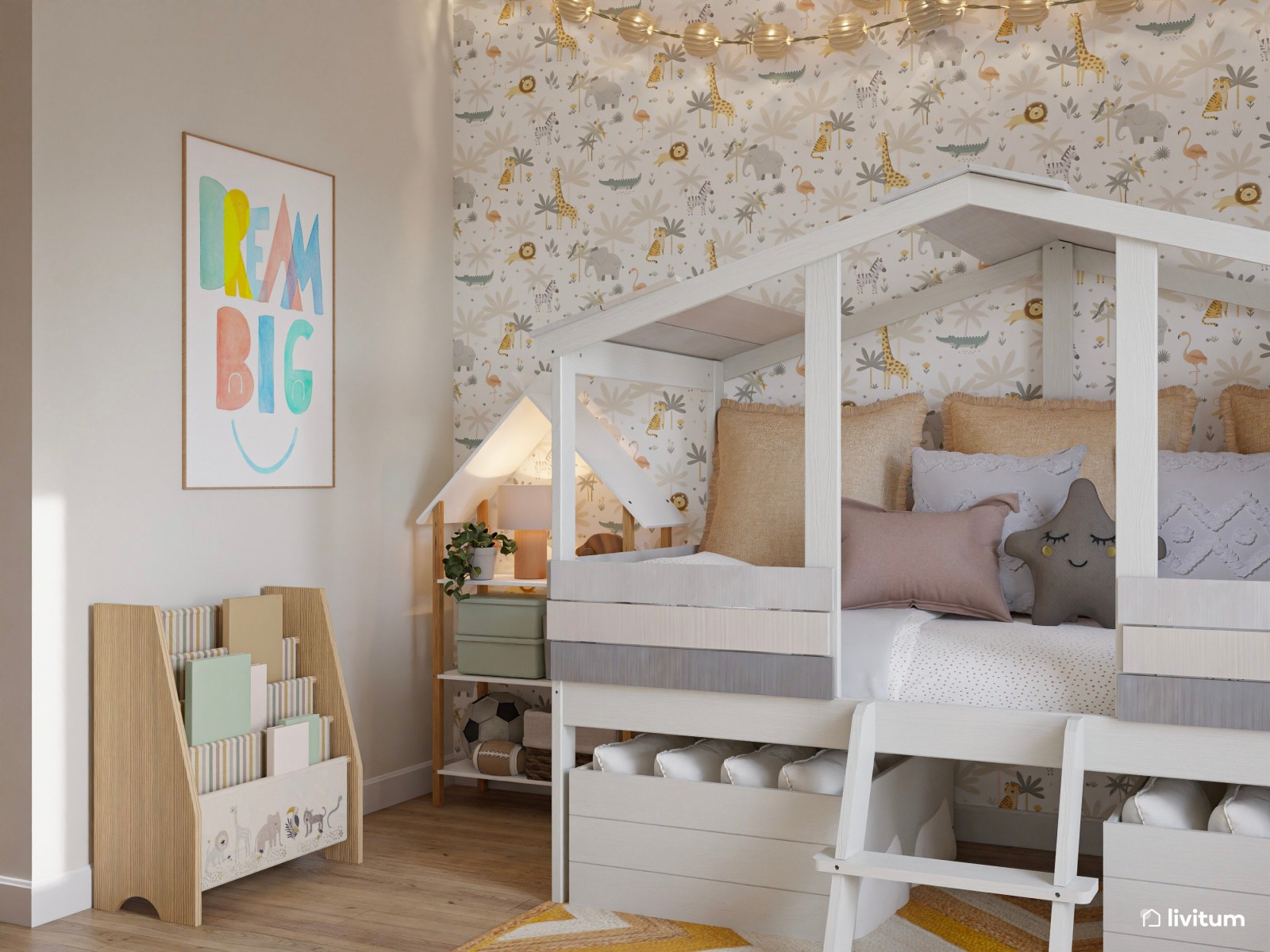 Habitación infantil con gran capacidad de almacenaje y cama casita 