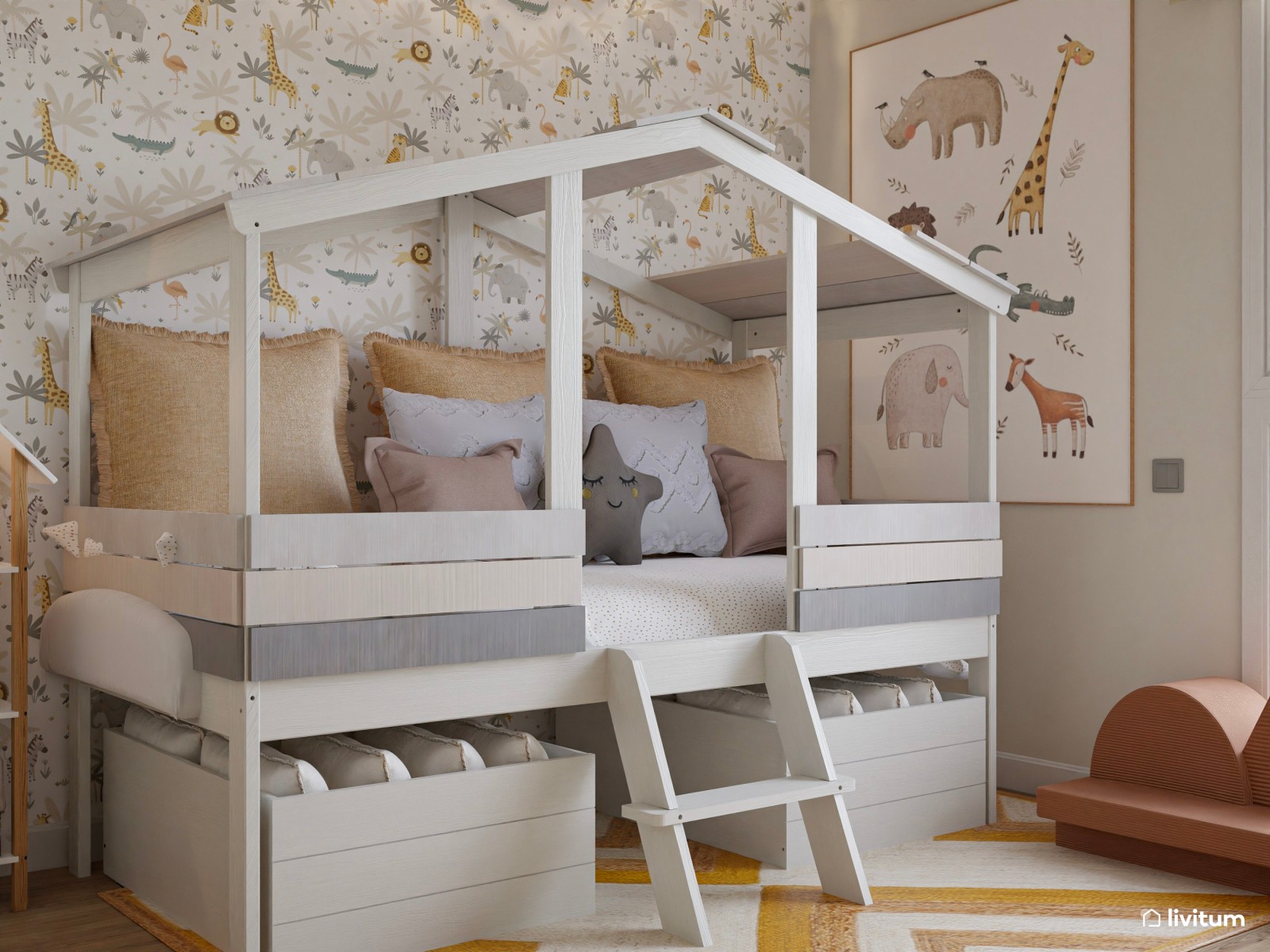 Habitación infantil con gran capacidad de almacenaje y cama casita 