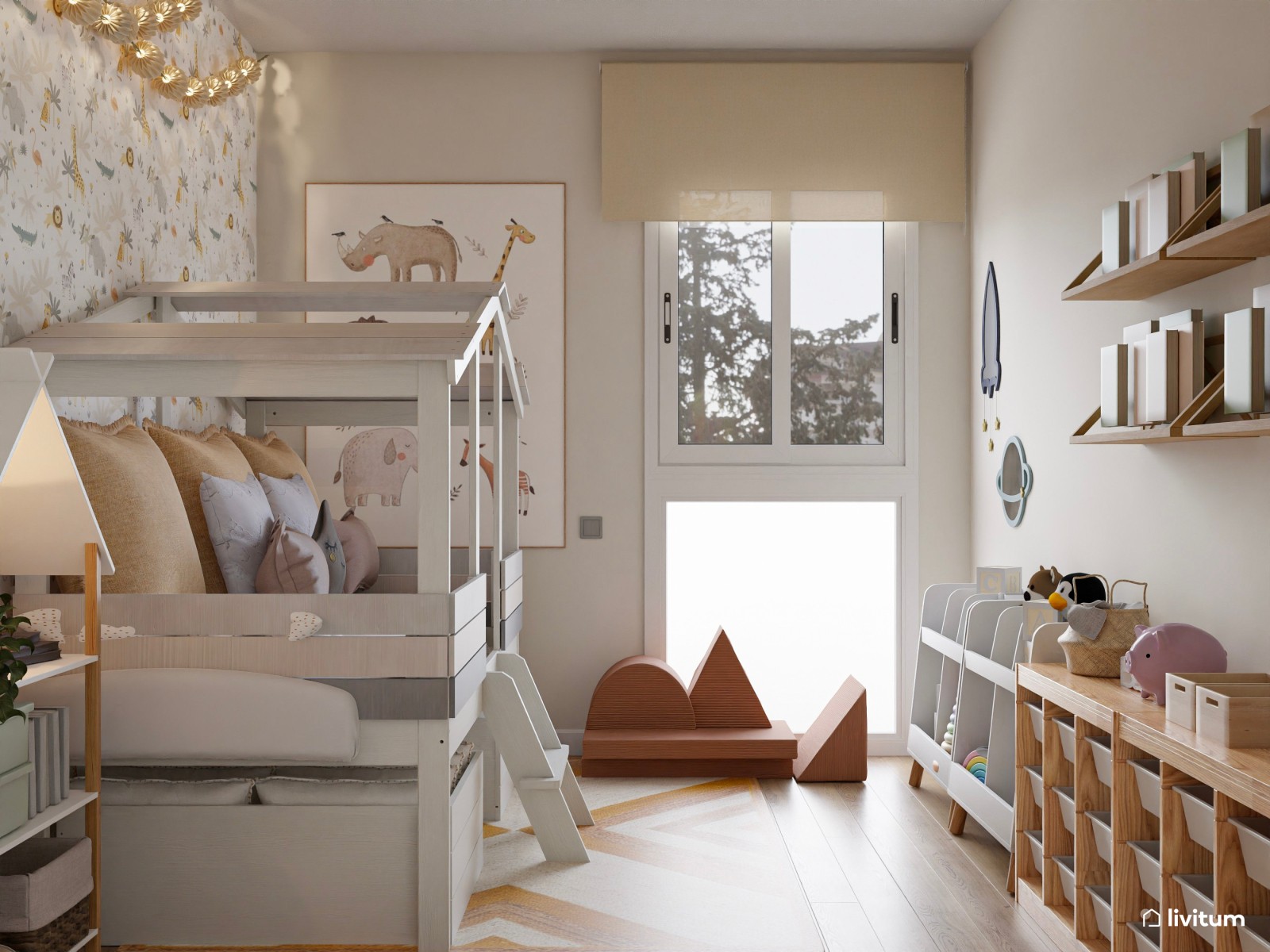 Habitación infantil con gran capacidad de almacenaje y cama casita 