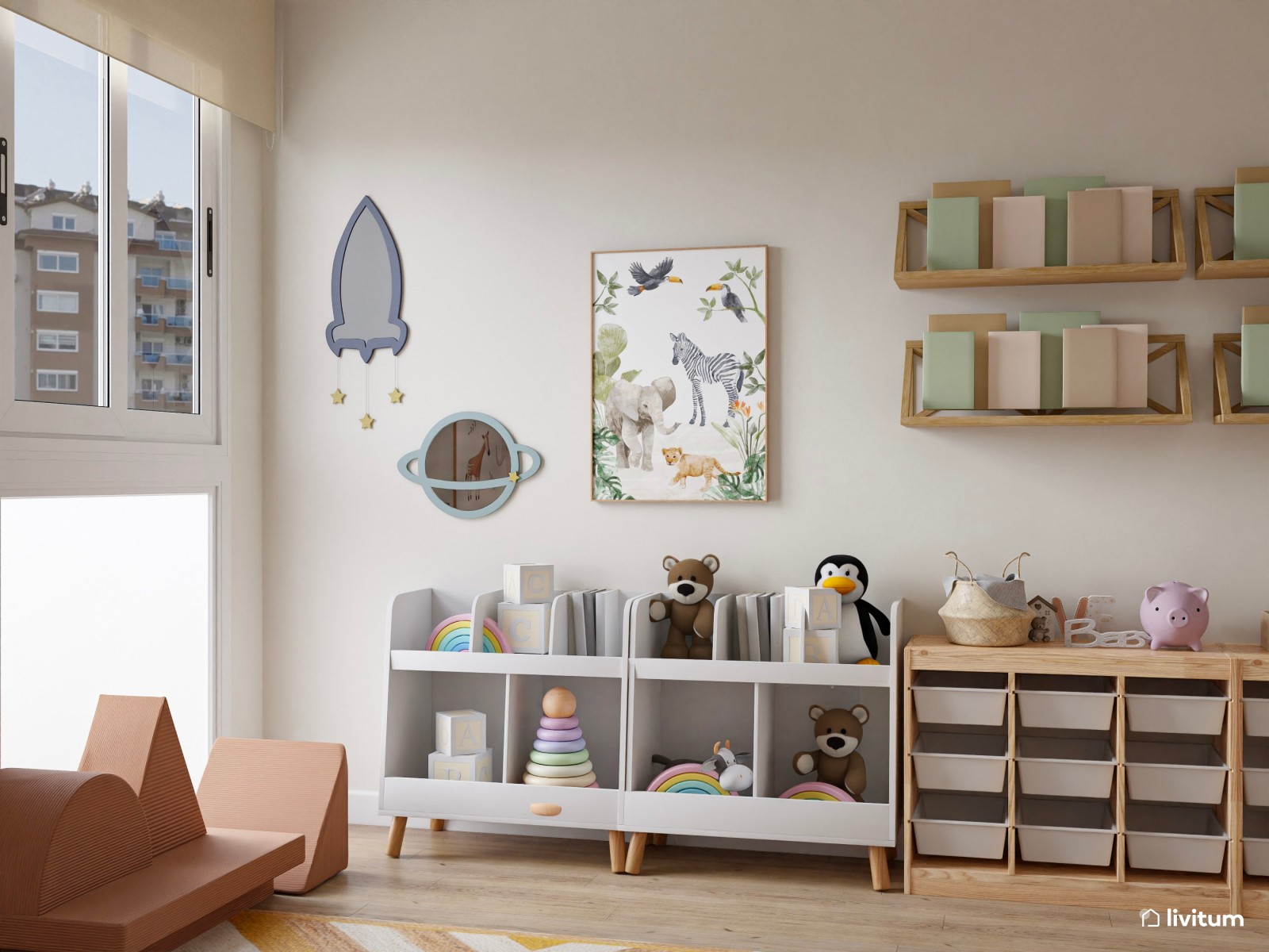Habitación infantil con gran capacidad de almacenaje y cama casita 