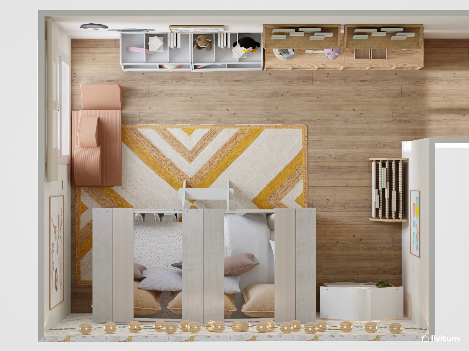 Habitación infantil con gran capacidad de almacenaje y cama casita 