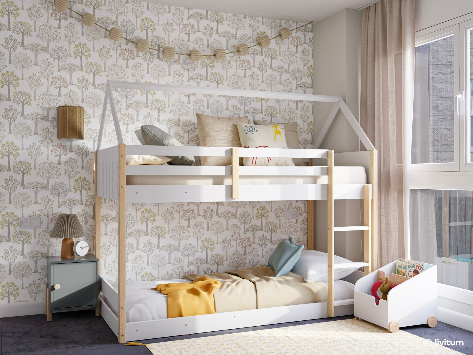 Habitación infantil con litera en forma de casita y detalles amarillos