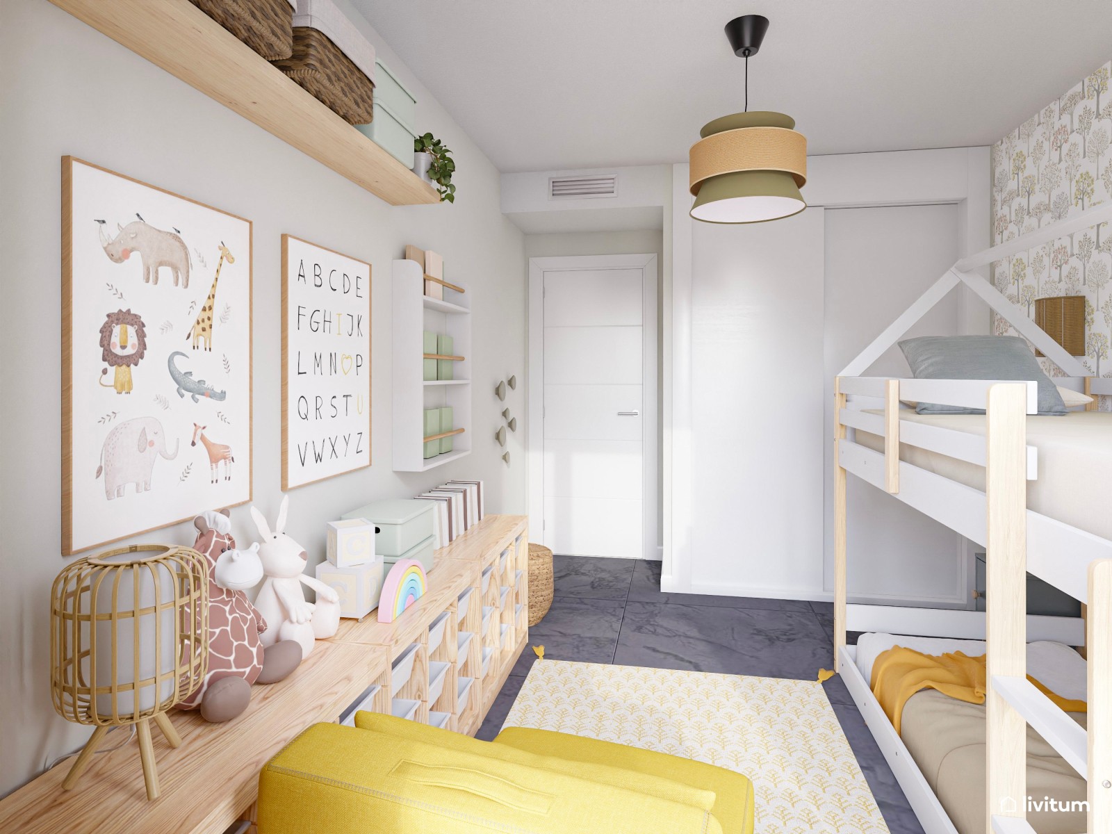 Habitación infantil con litera en forma de casita y detalles amarillos