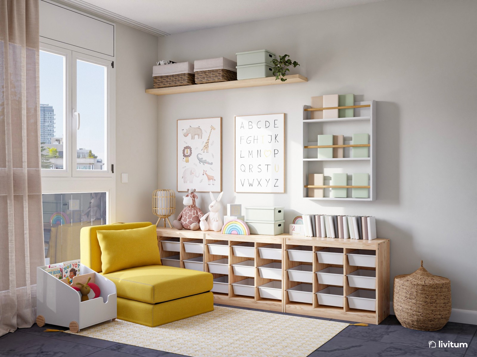Habitación infantil con litera en forma de casita y detalles amarillos