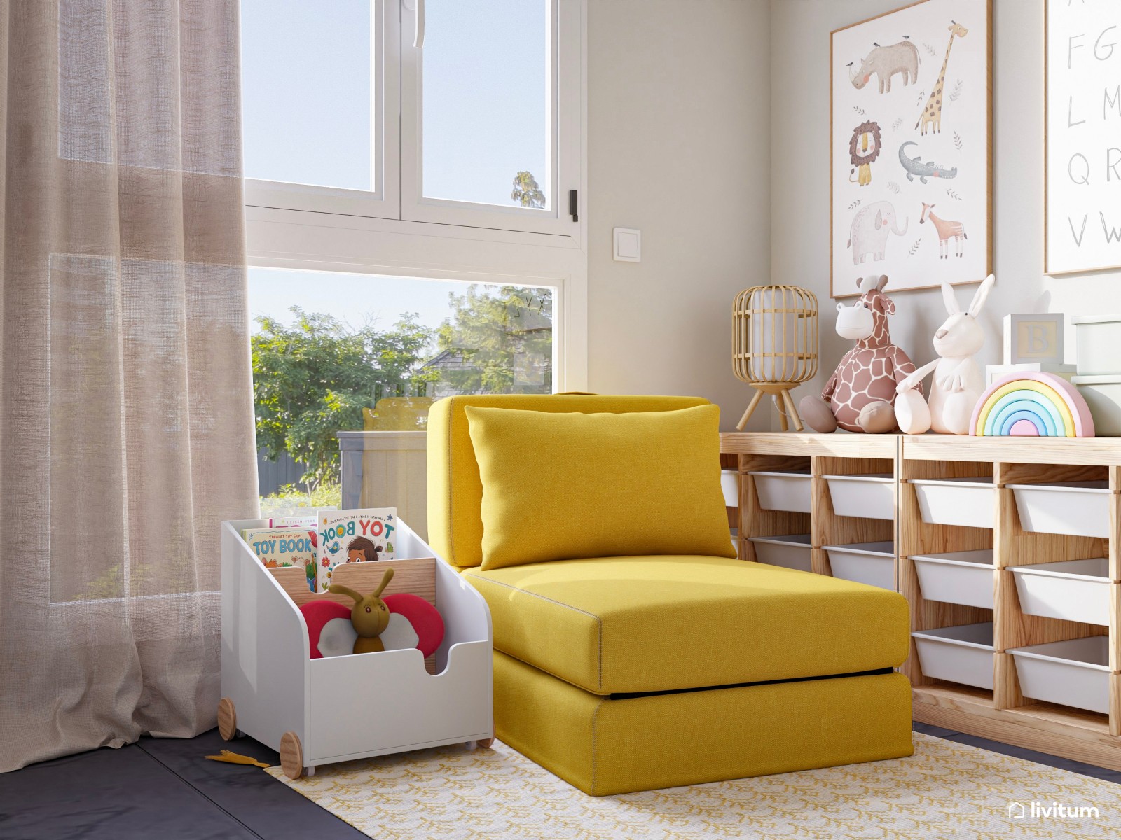 Habitación infantil con litera en forma de casita y detalles amarillos