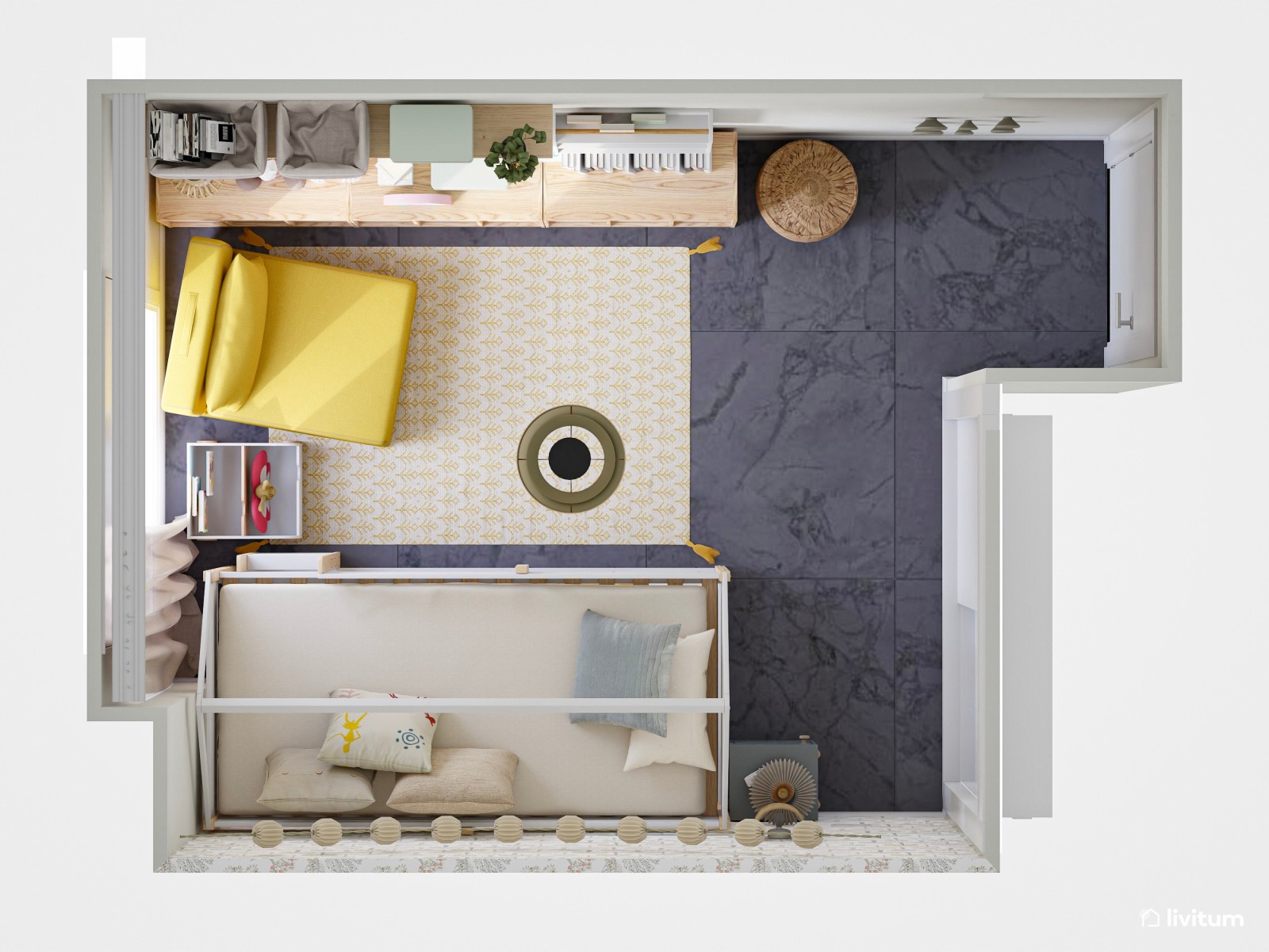 Habitación infantil con litera en forma de casita y detalles amarillos