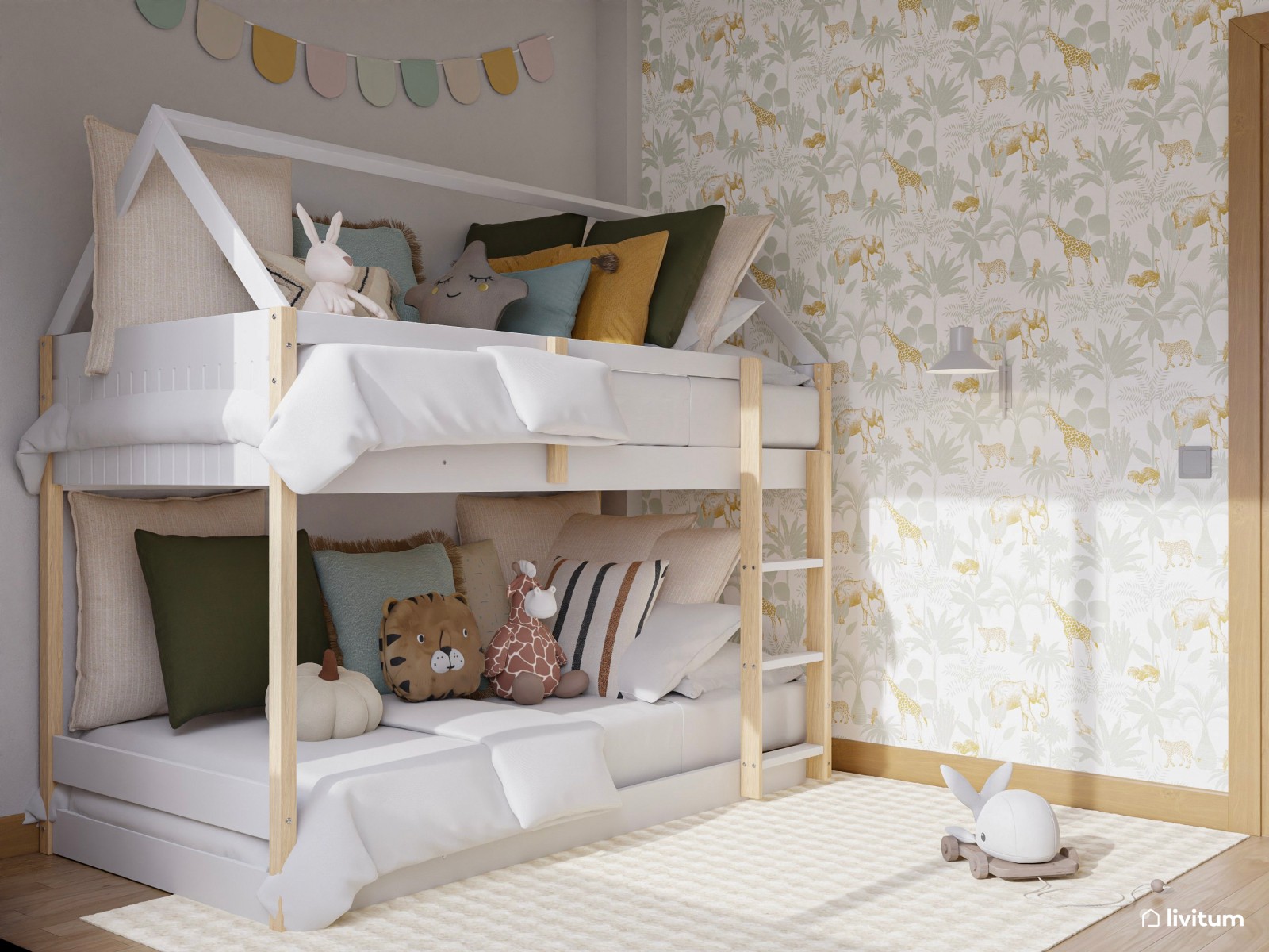 Habitación infantil con litera en forma de casita y mucho almacenaje