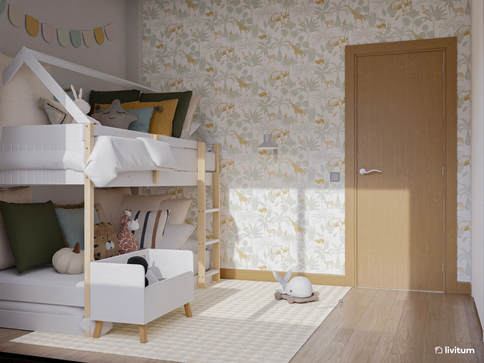 Habitación infantil con litera en forma de casita y mucho almacenaje