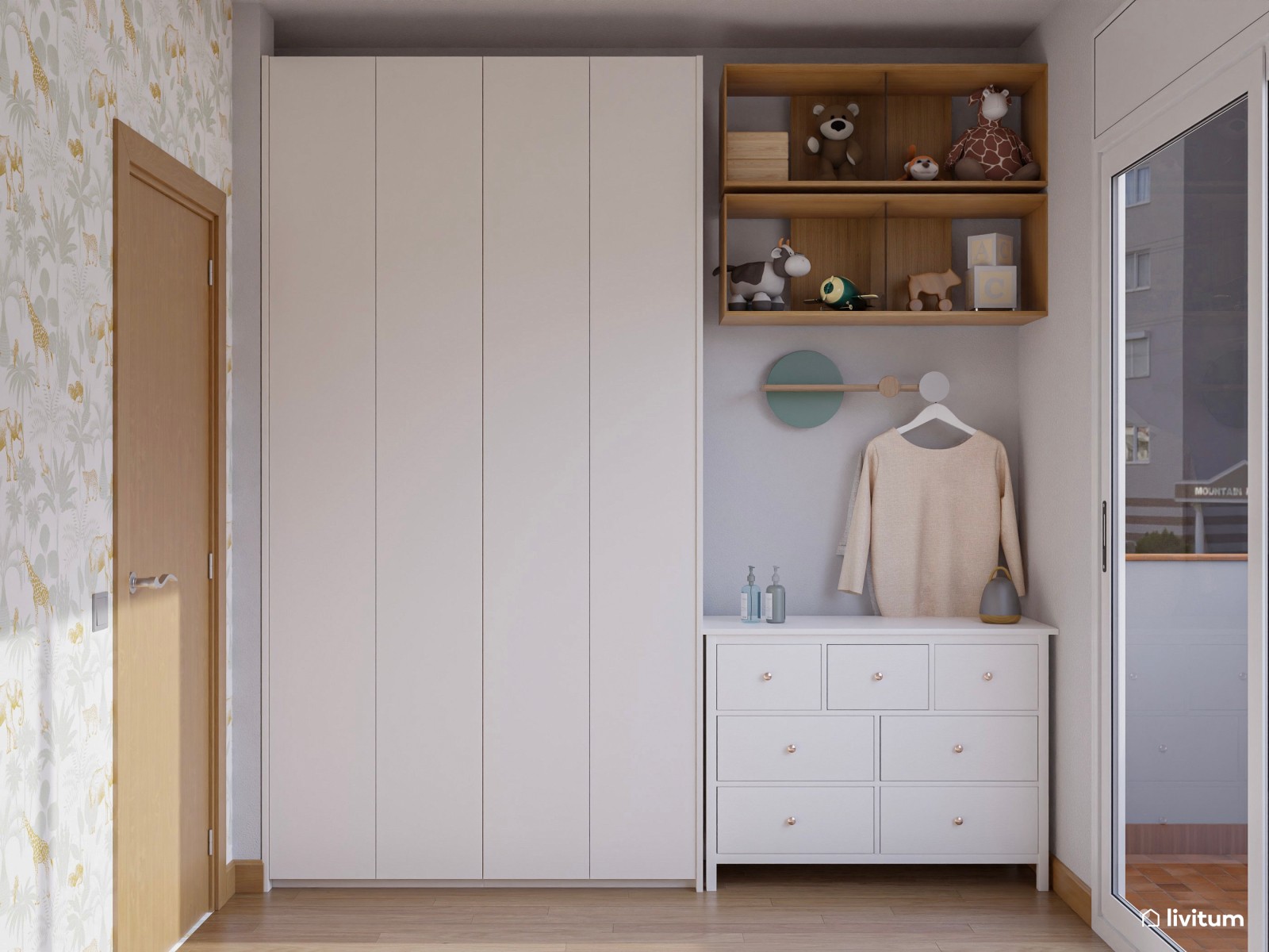 Habitación infantil con litera en forma de casita y mucho almacenaje