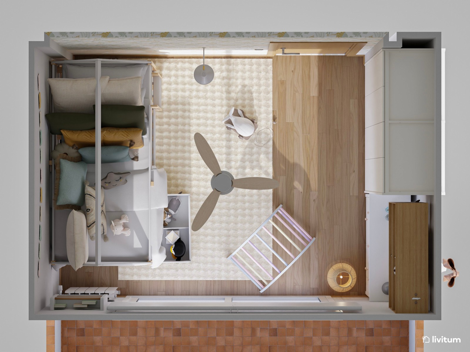 Habitación infantil con litera en forma de casita y mucho almacenaje