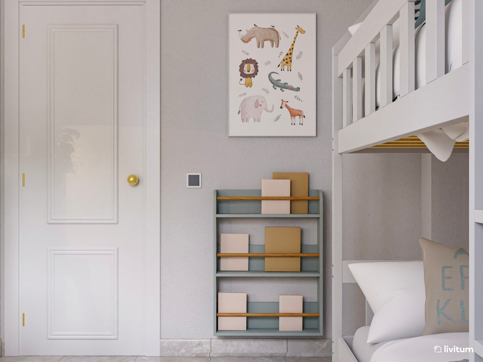 Habitación infantil con litera en forma de casita