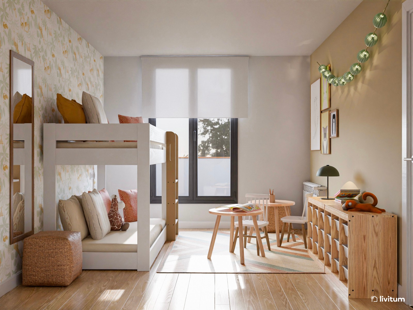 Habitación infantil con litera en tonos verdes y terracota