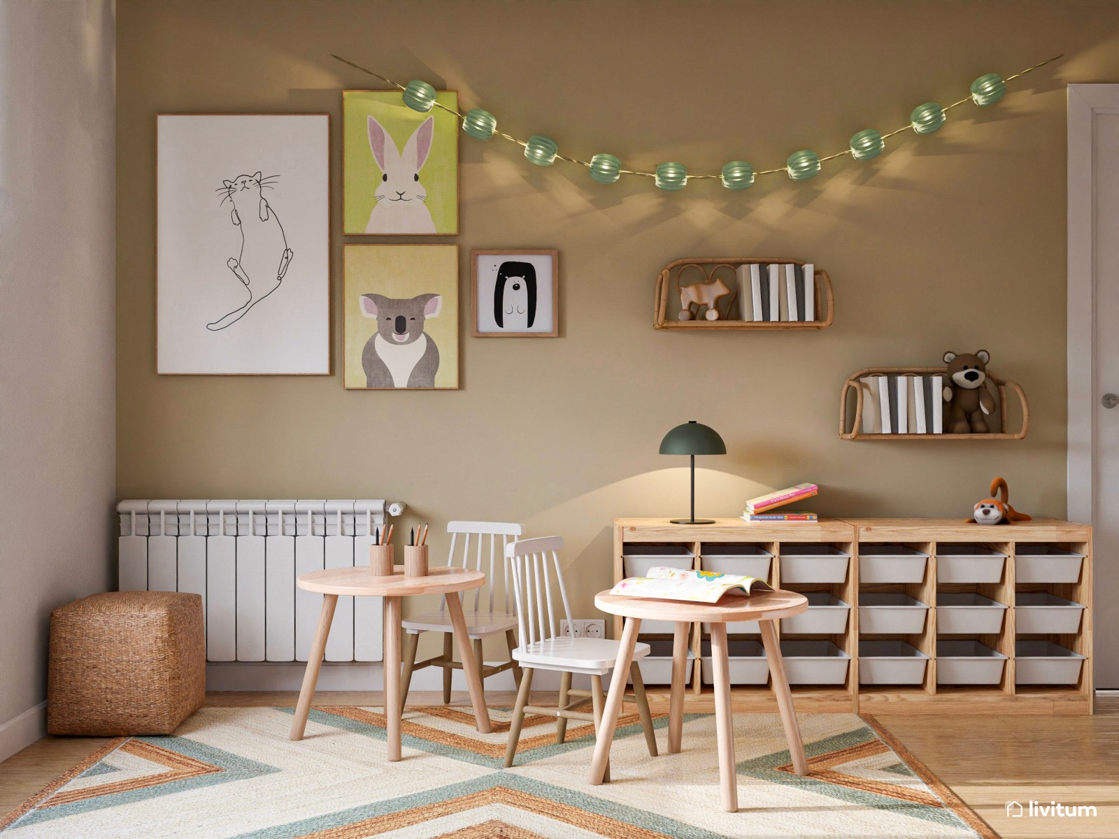 Habitación infantil con litera en tonos verdes y terracota