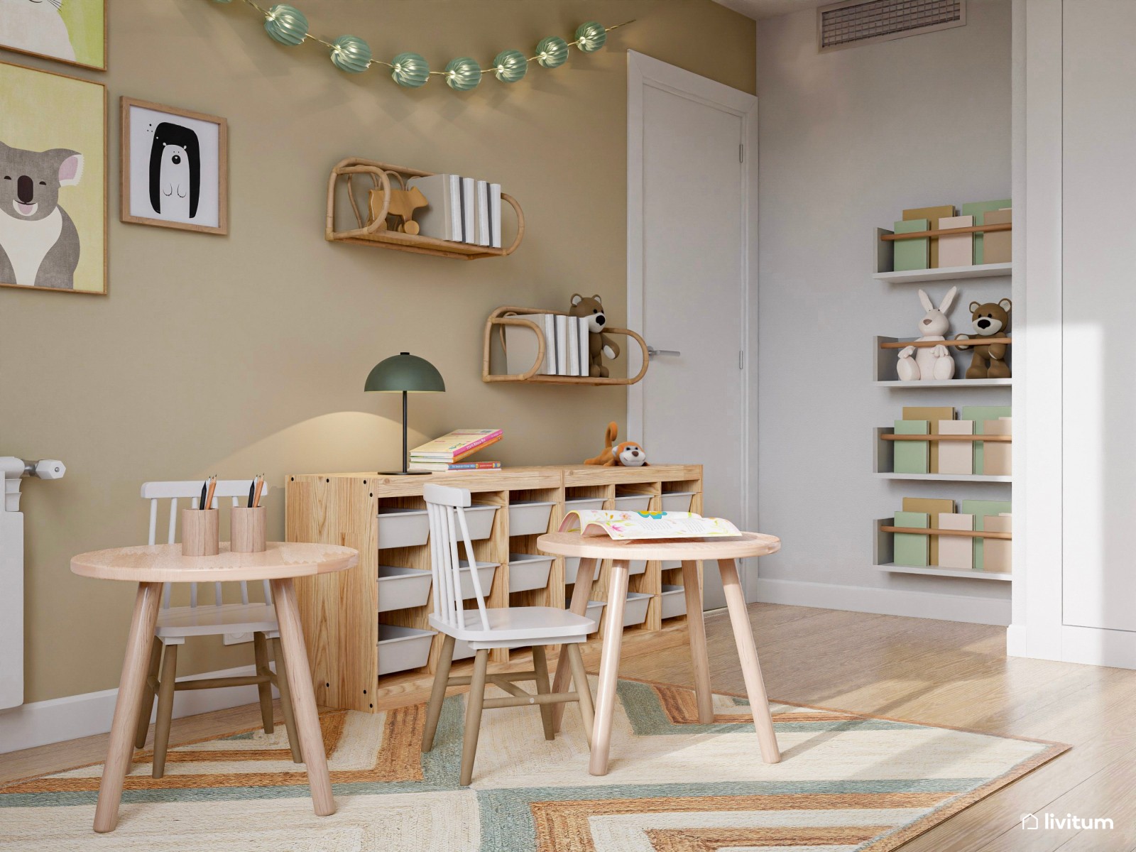 Habitación infantil con litera en tonos verdes y terracota