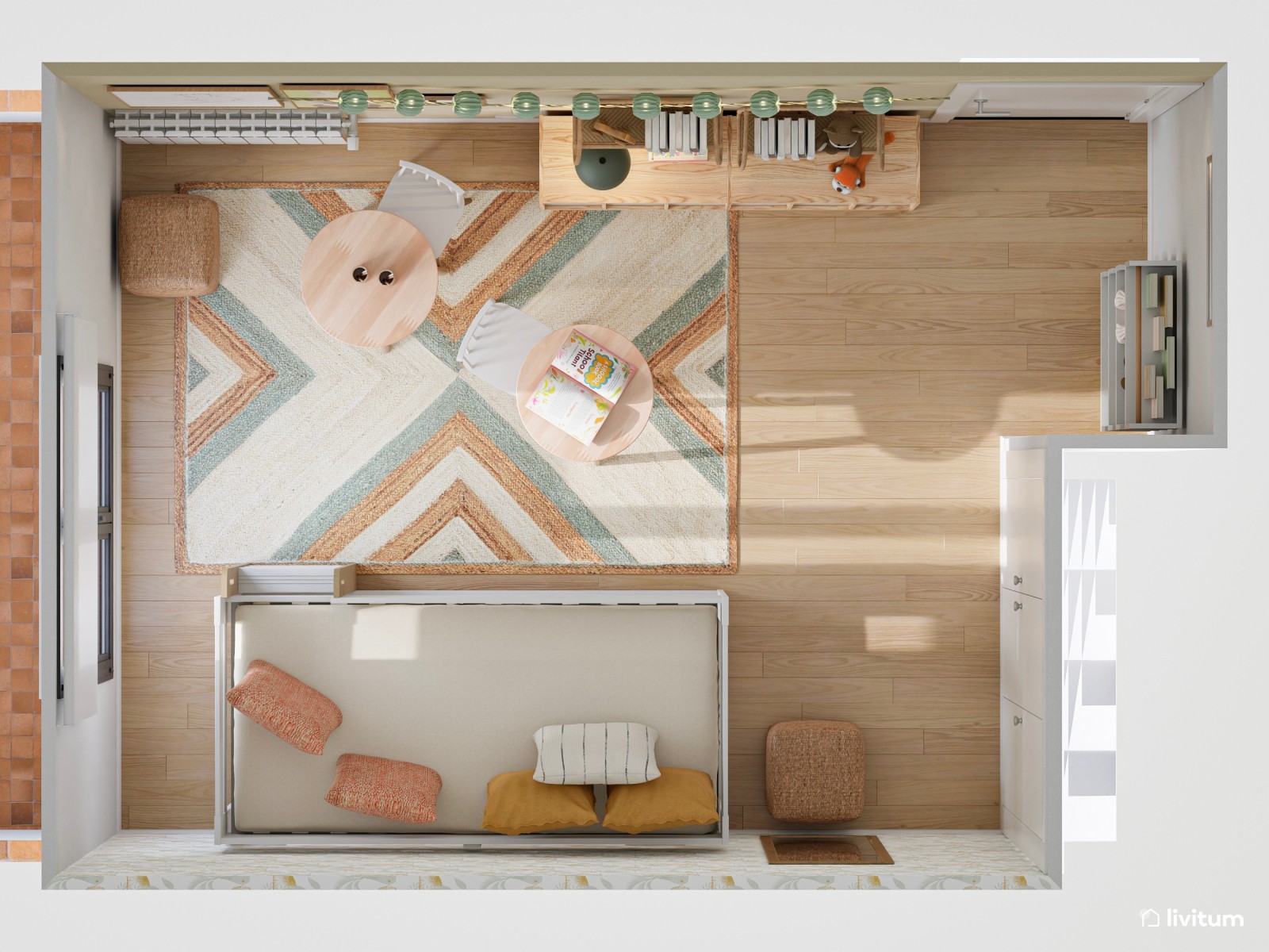 Habitación infantil con litera en tonos verdes y terracota