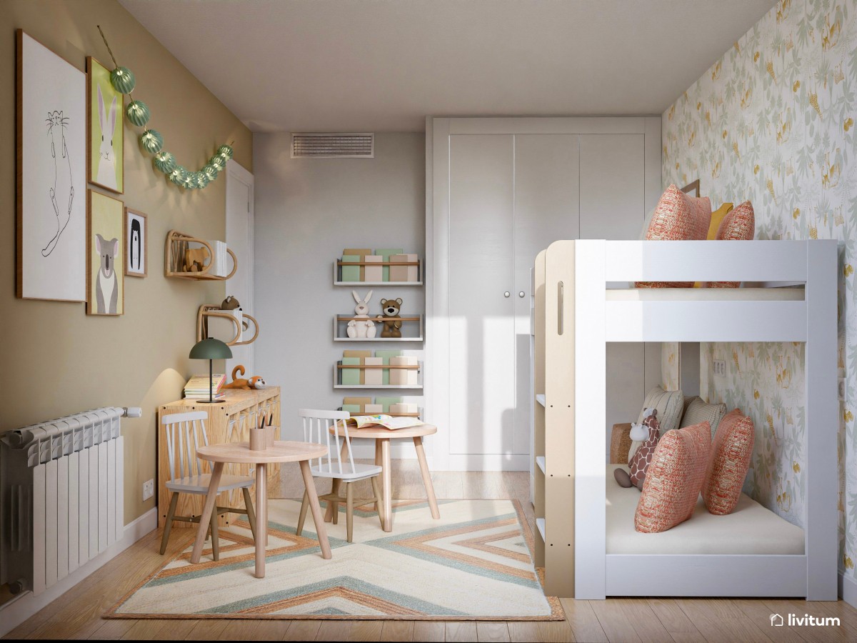 Habitación infantil con litera en tonos verdes y terracota
