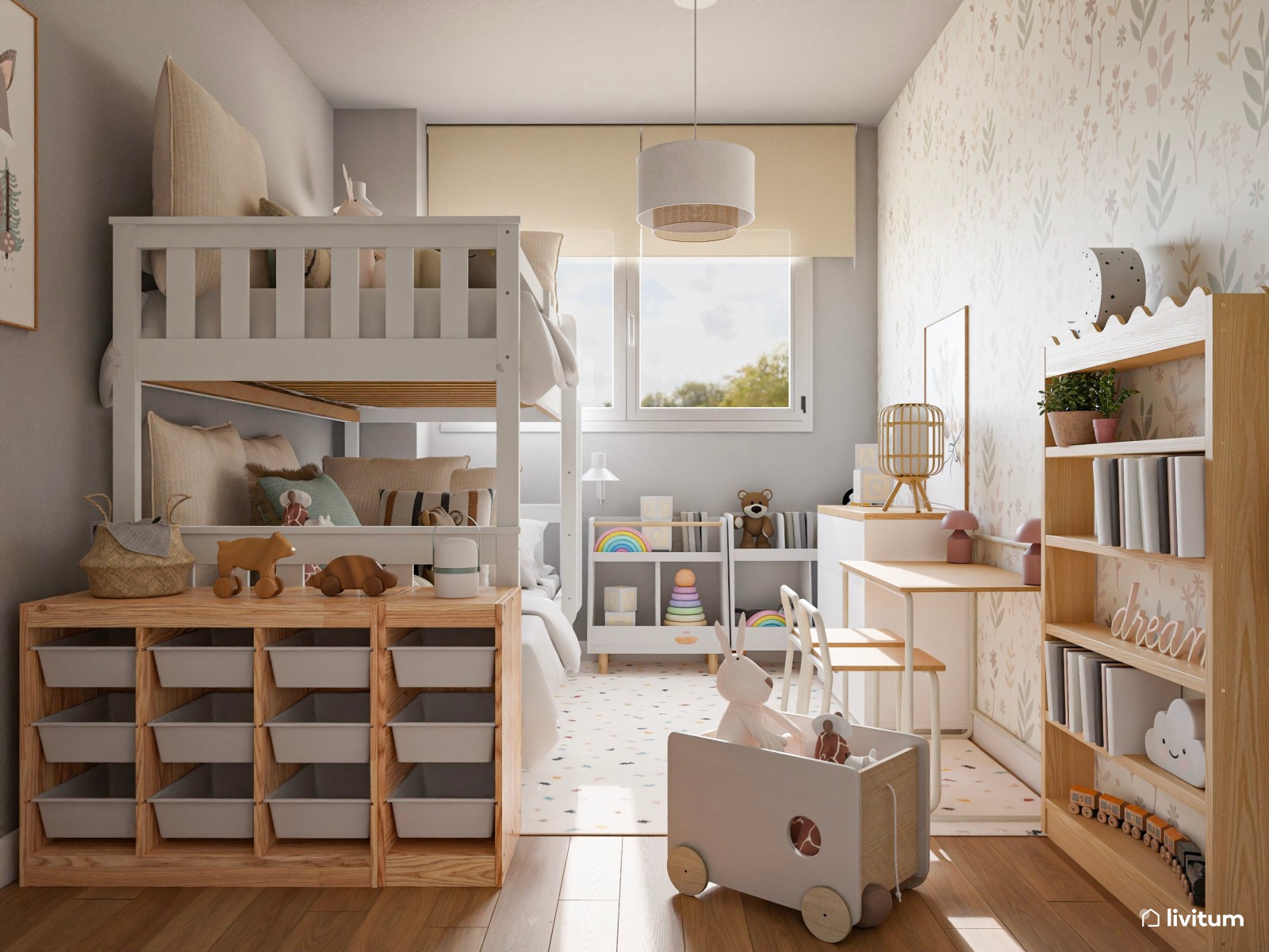 Habitación infantil con litera, escritorio y mucho almacenaje