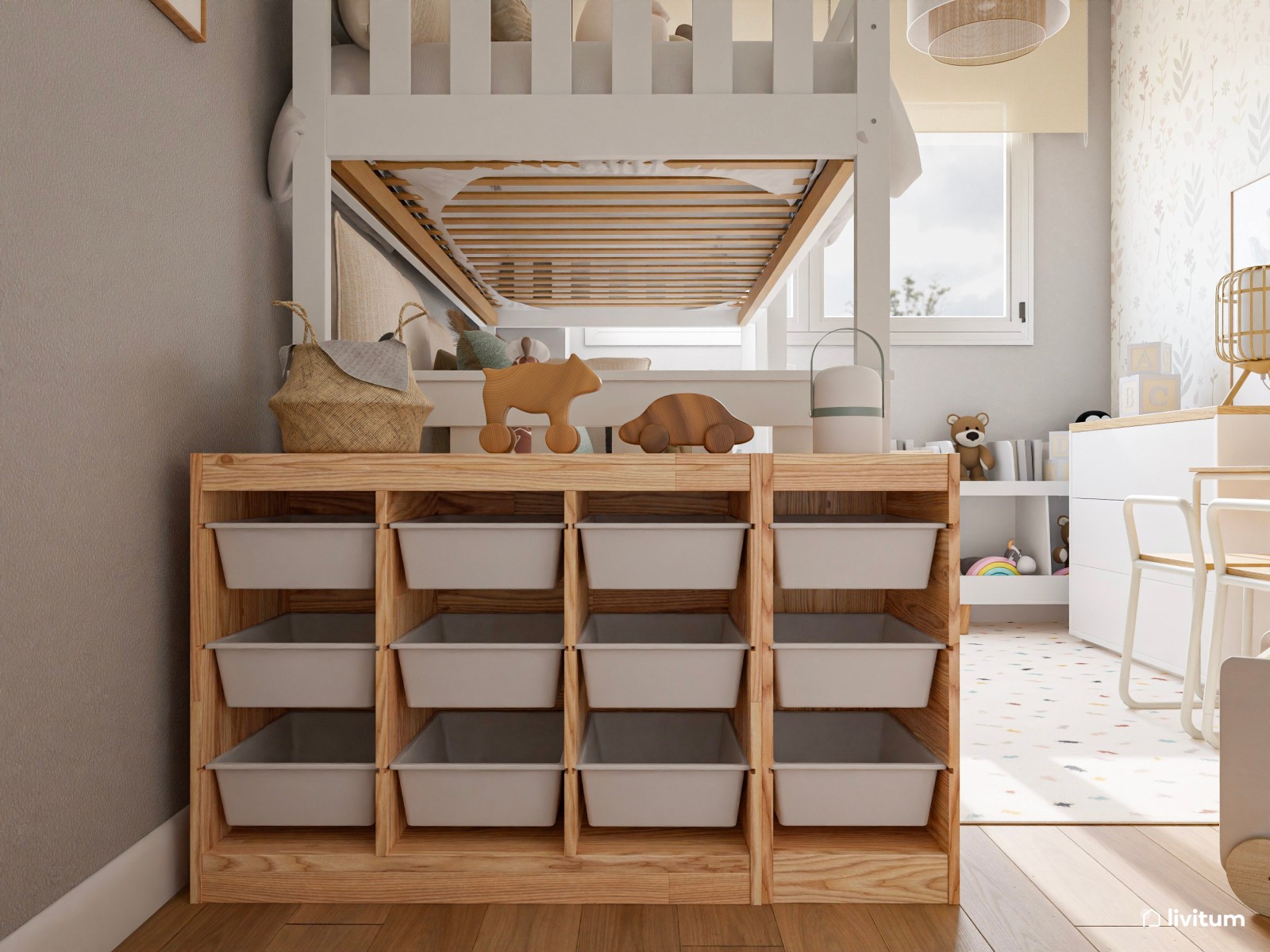 Habitación infantil con litera, escritorio y mucho almacenaje