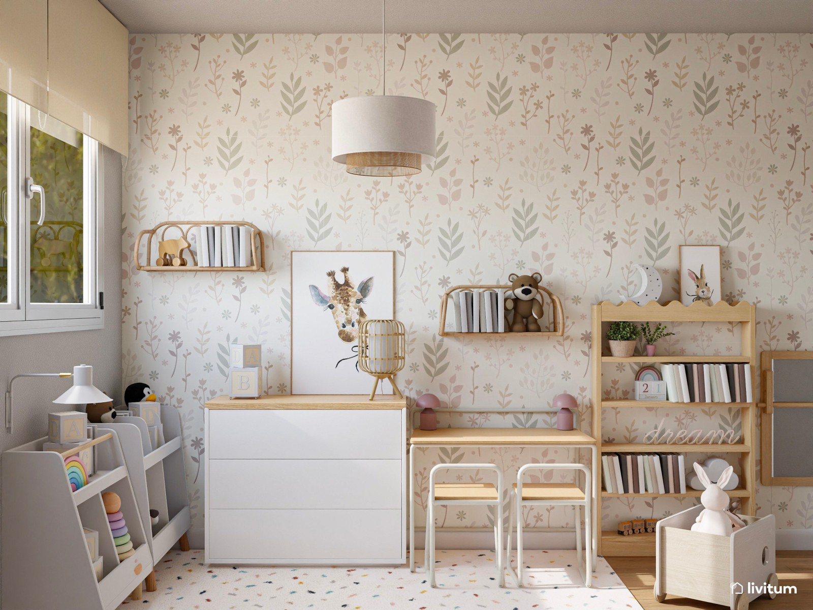 Habitación infantil con litera, escritorio y mucho almacenaje