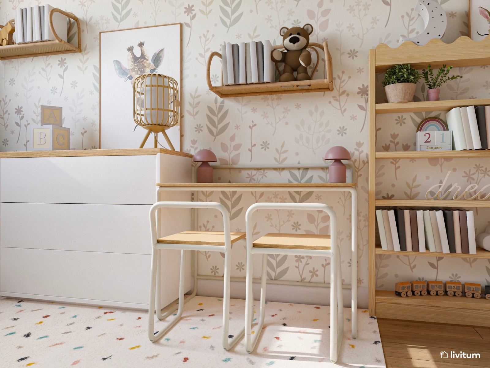 Habitación infantil con litera, escritorio y mucho almacenaje