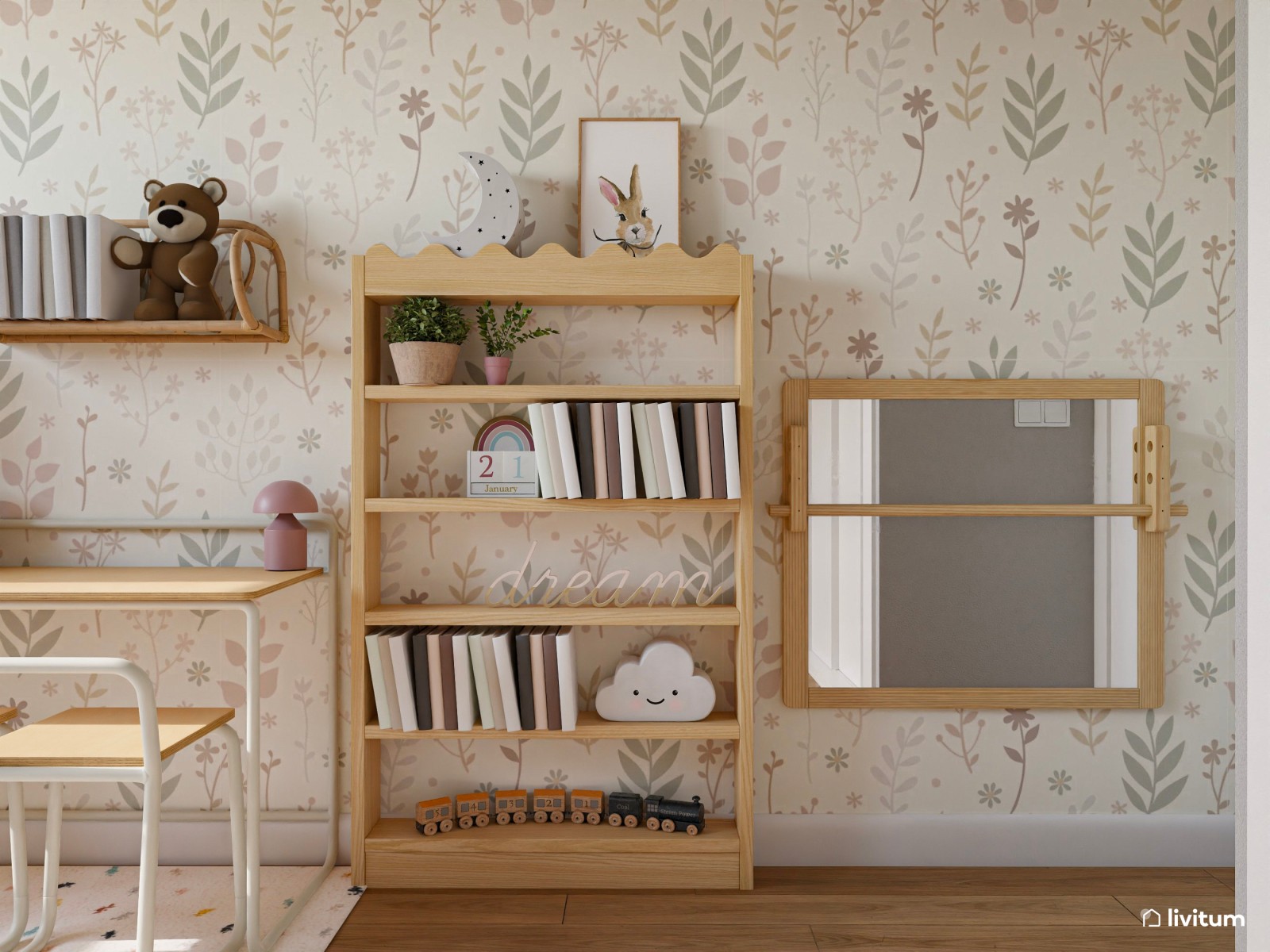 Habitación infantil con litera, escritorio y mucho almacenaje