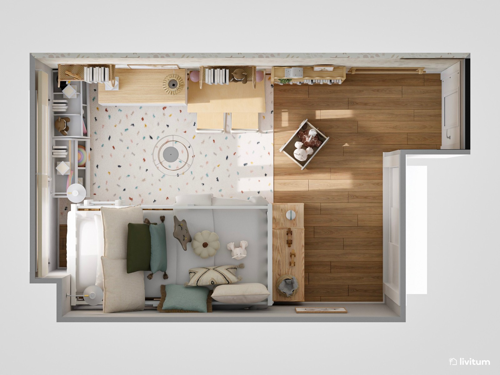 Habitación infantil con litera, escritorio y mucho almacenaje