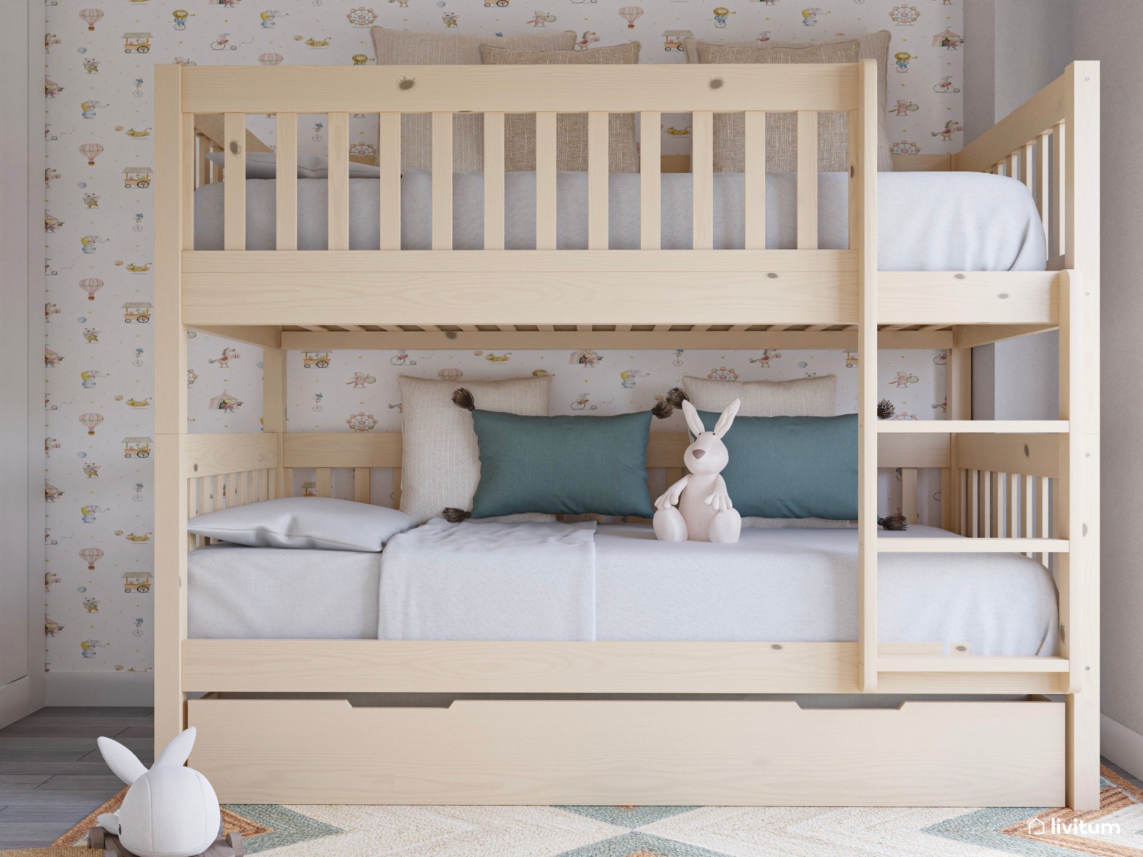 Habitación infantil con litera y bonito papel pintado