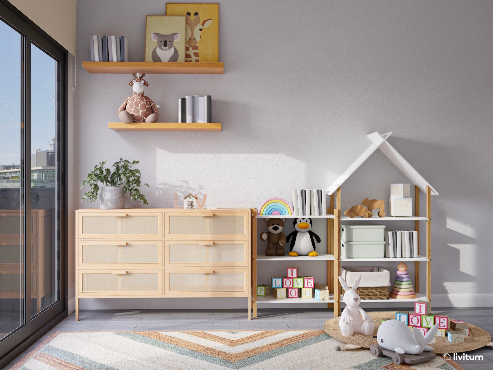 Habitación infantil con litera y bonito papel pintado