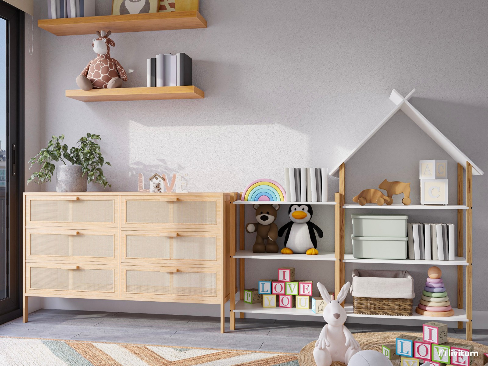 Habitación infantil con litera y bonito papel pintado