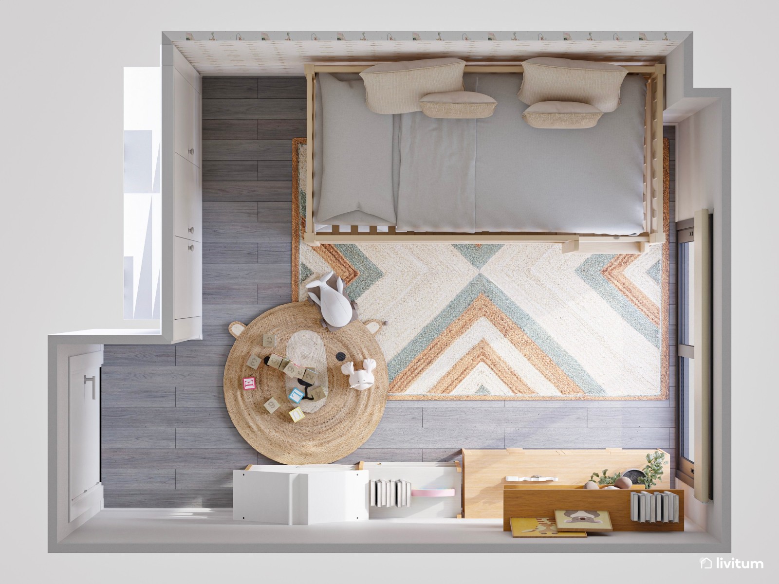 Habitación infantil con litera y bonito papel pintado