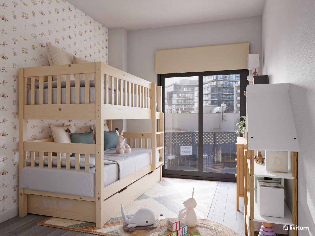Habitación infantil con litera y bonito papel pintado