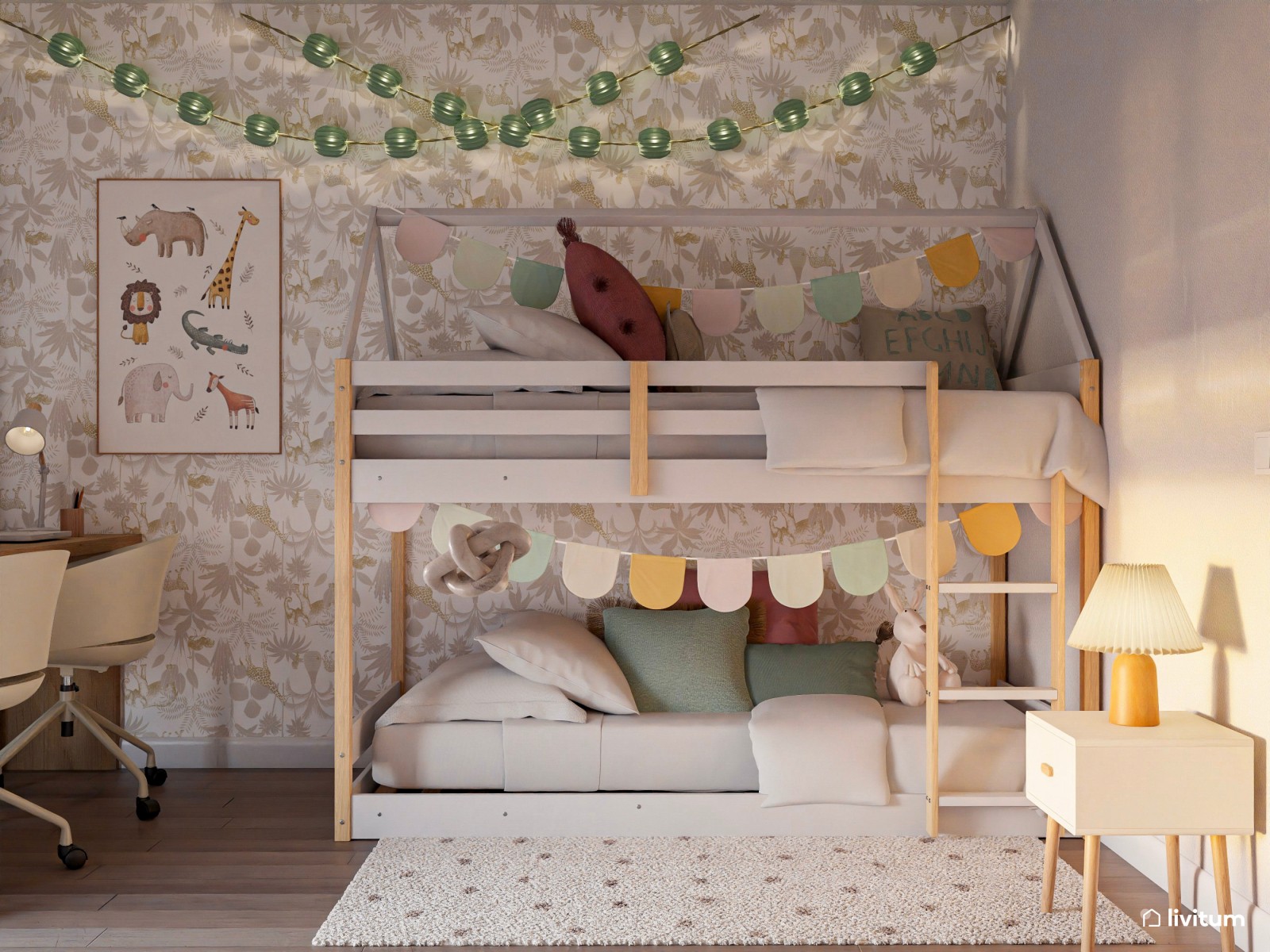 Habitación infantil con litera y zona doble de escritorio