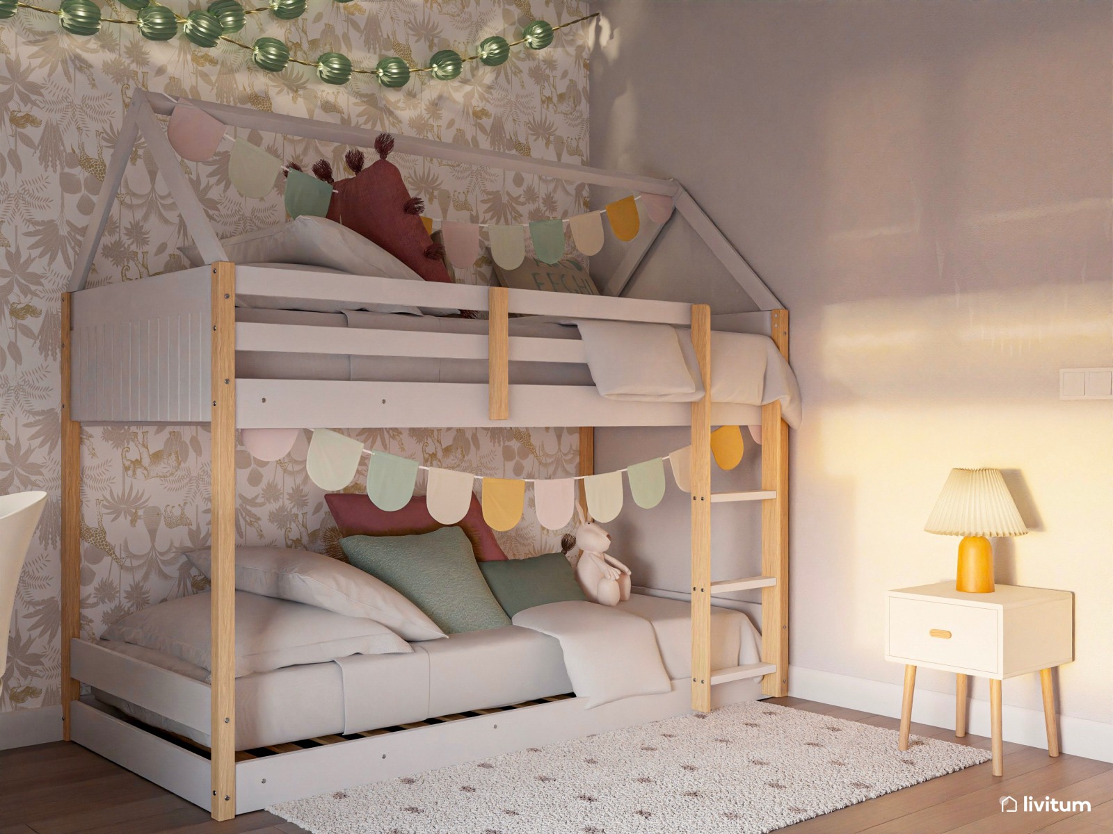 Habitación infantil con litera y zona doble de escritorio