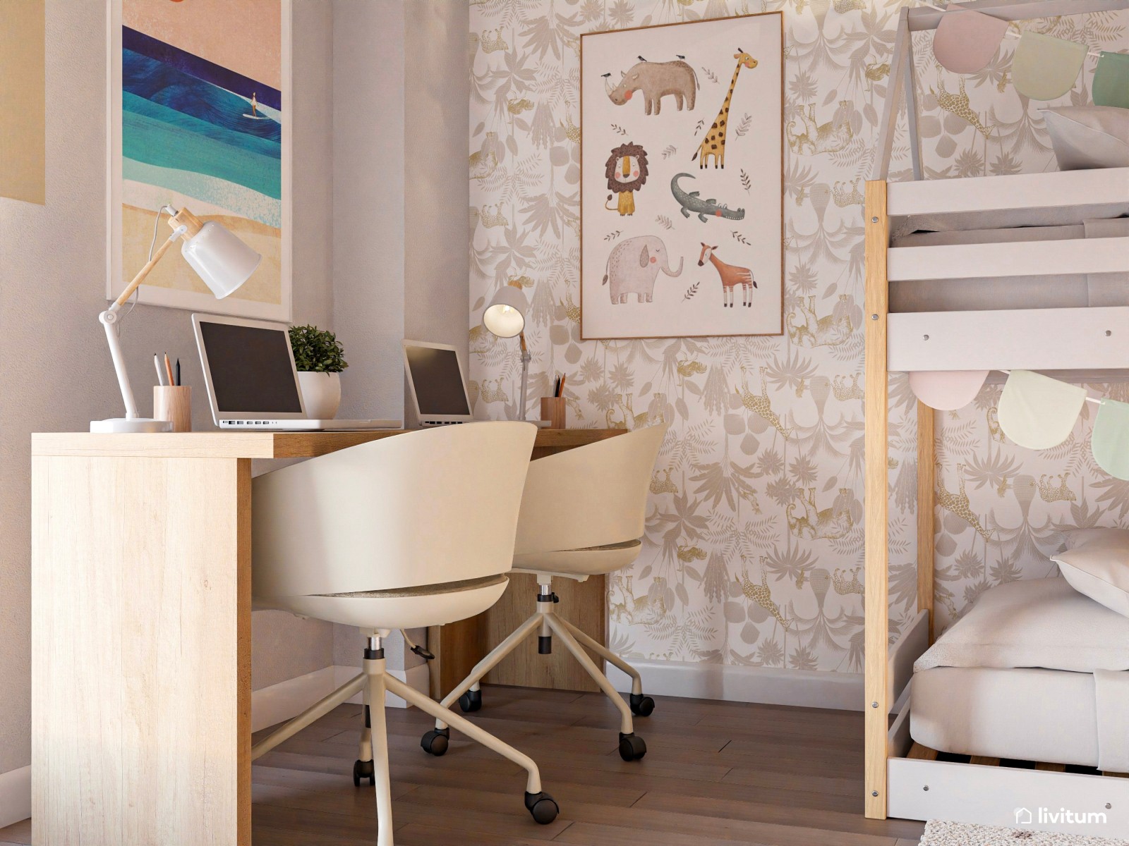 Habitación infantil con litera y zona doble de escritorio