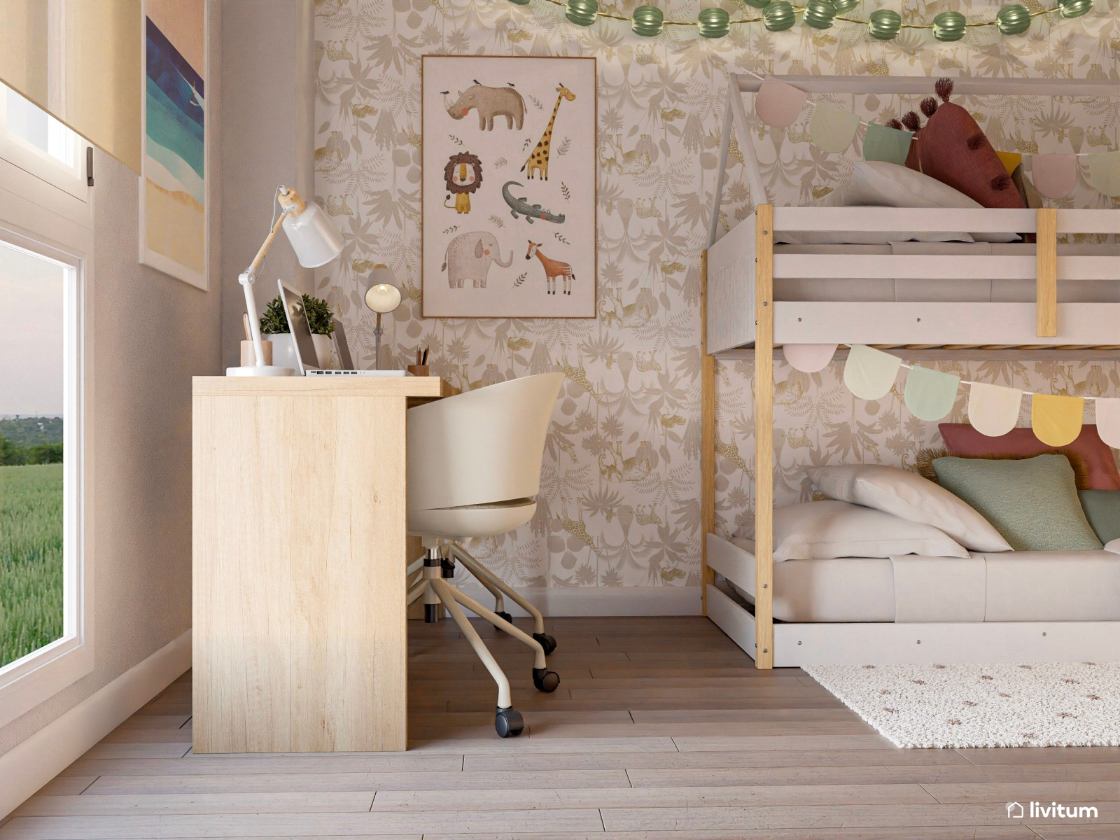 Habitación infantil con litera y zona doble de escritorio