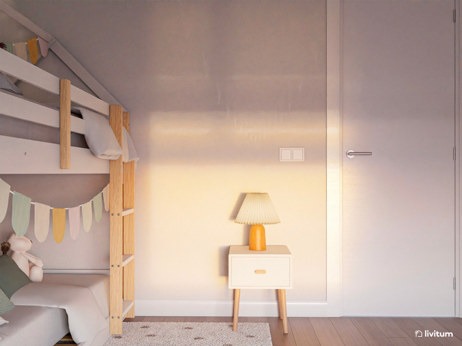 Habitación infantil con litera y zona doble de escritorio