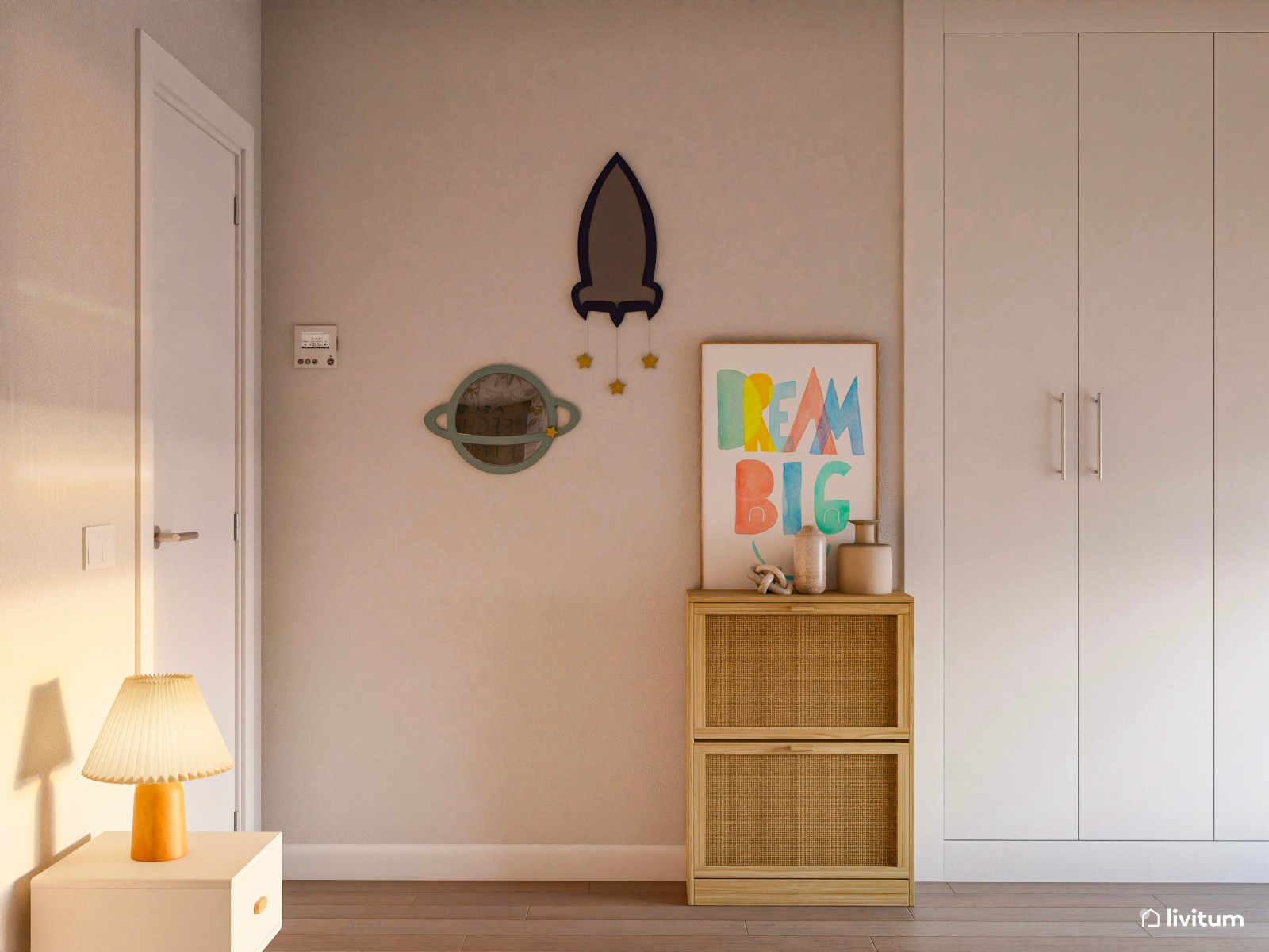 Habitación infantil con litera y zona doble de escritorio