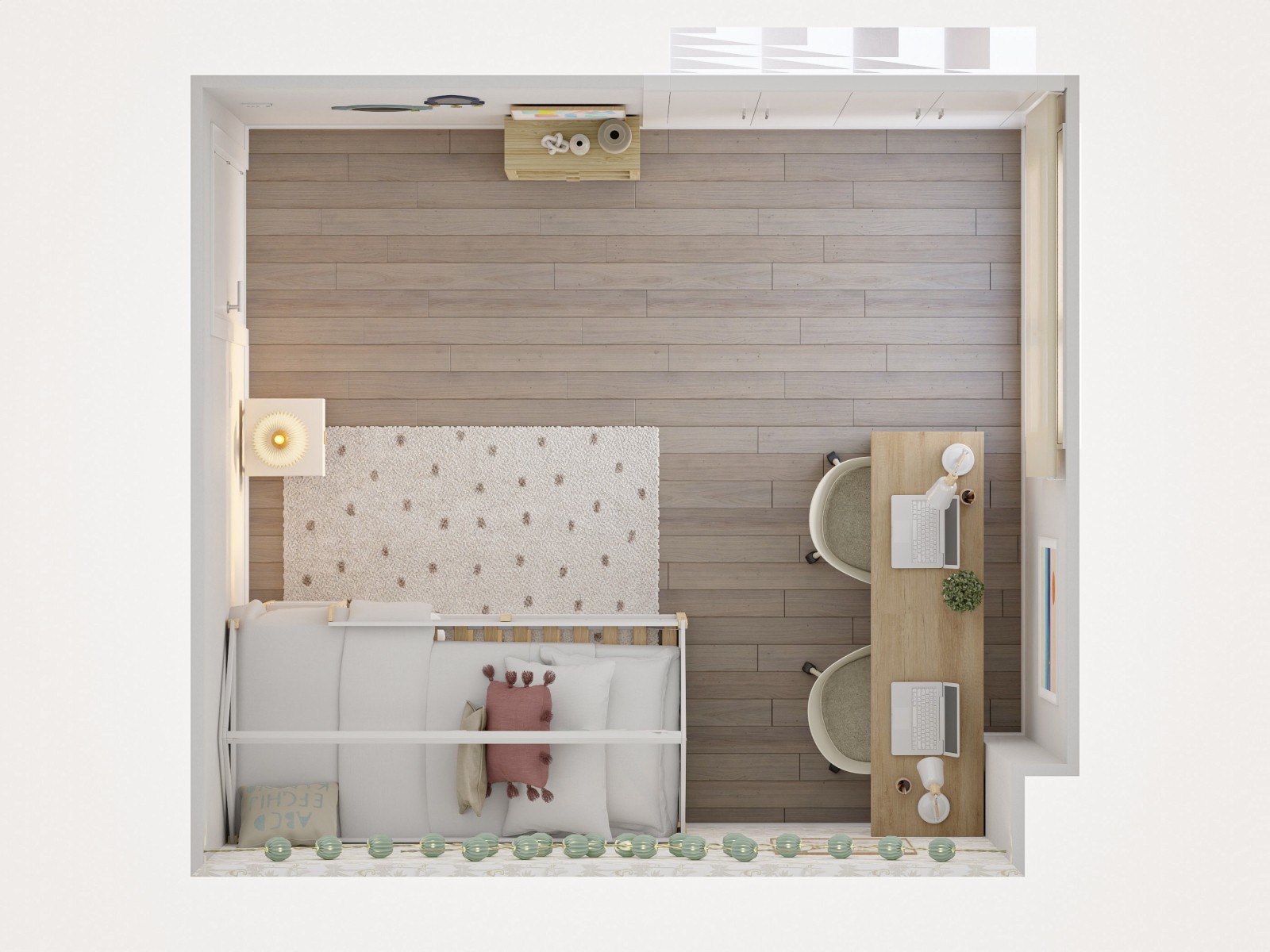 Habitación infantil con litera y zona doble de escritorio