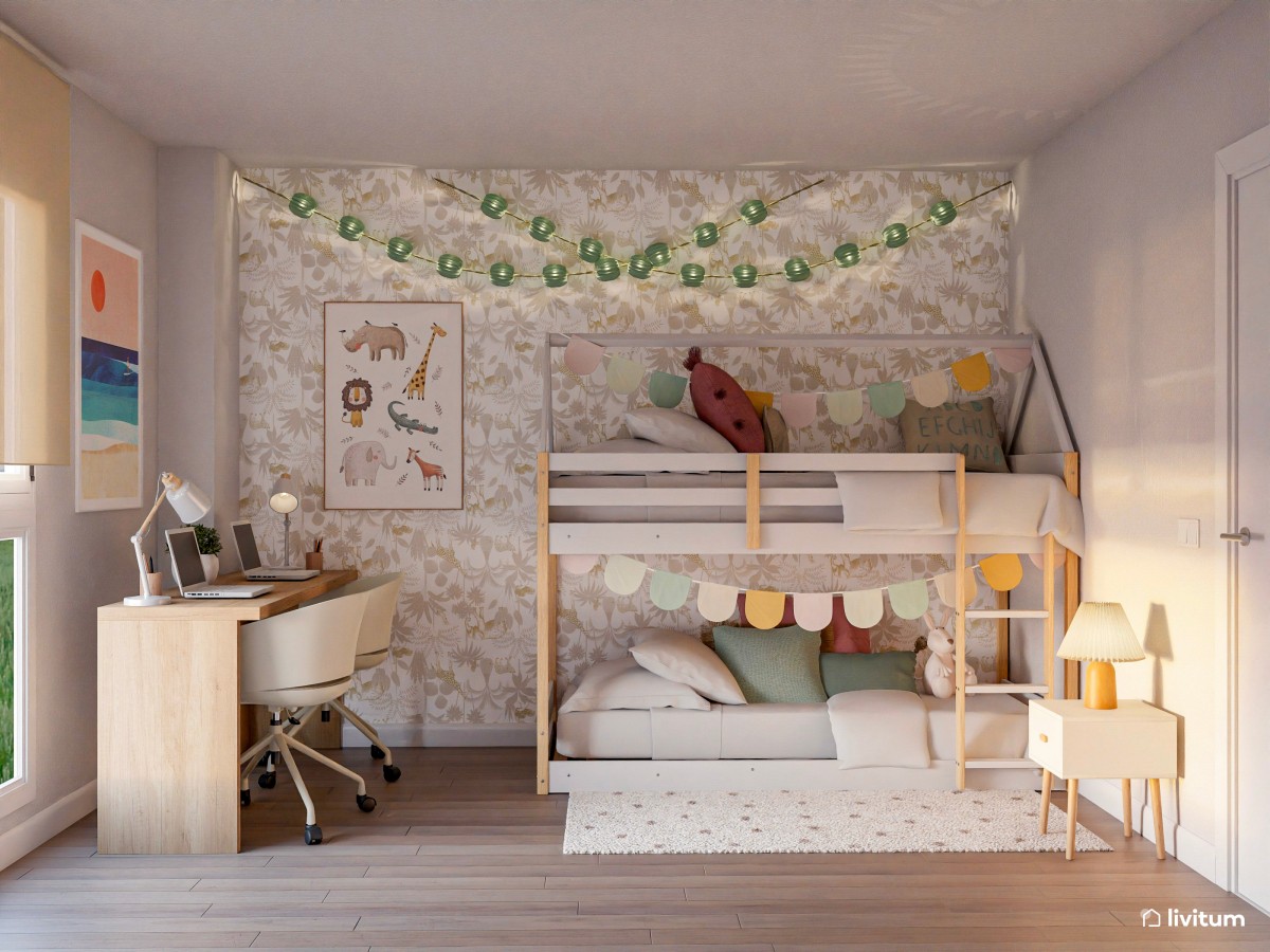 Habitación infantil con litera y zona doble de escritorio