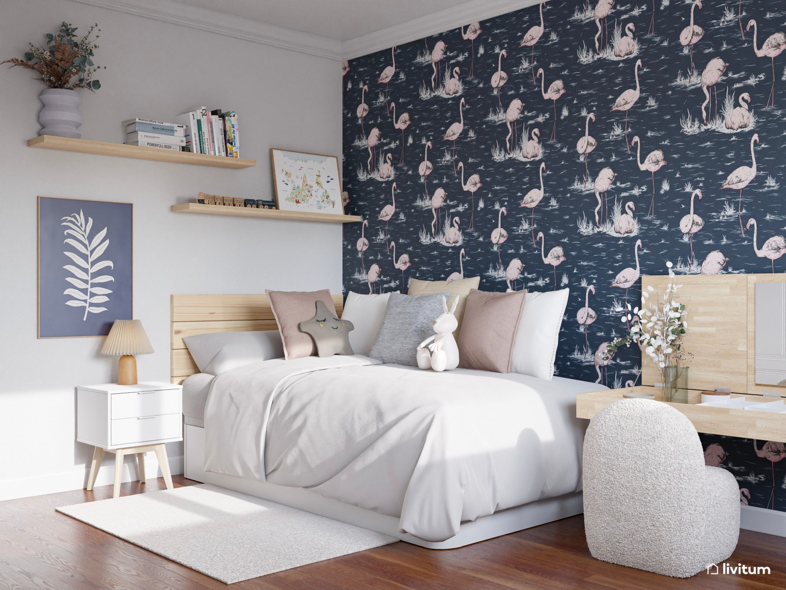 Habitación infantil con llamativo papel estampado azul marino