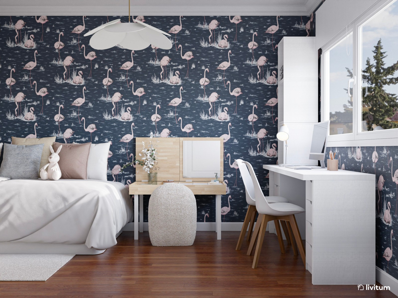 Habitación infantil con llamativo papel estampado azul marino