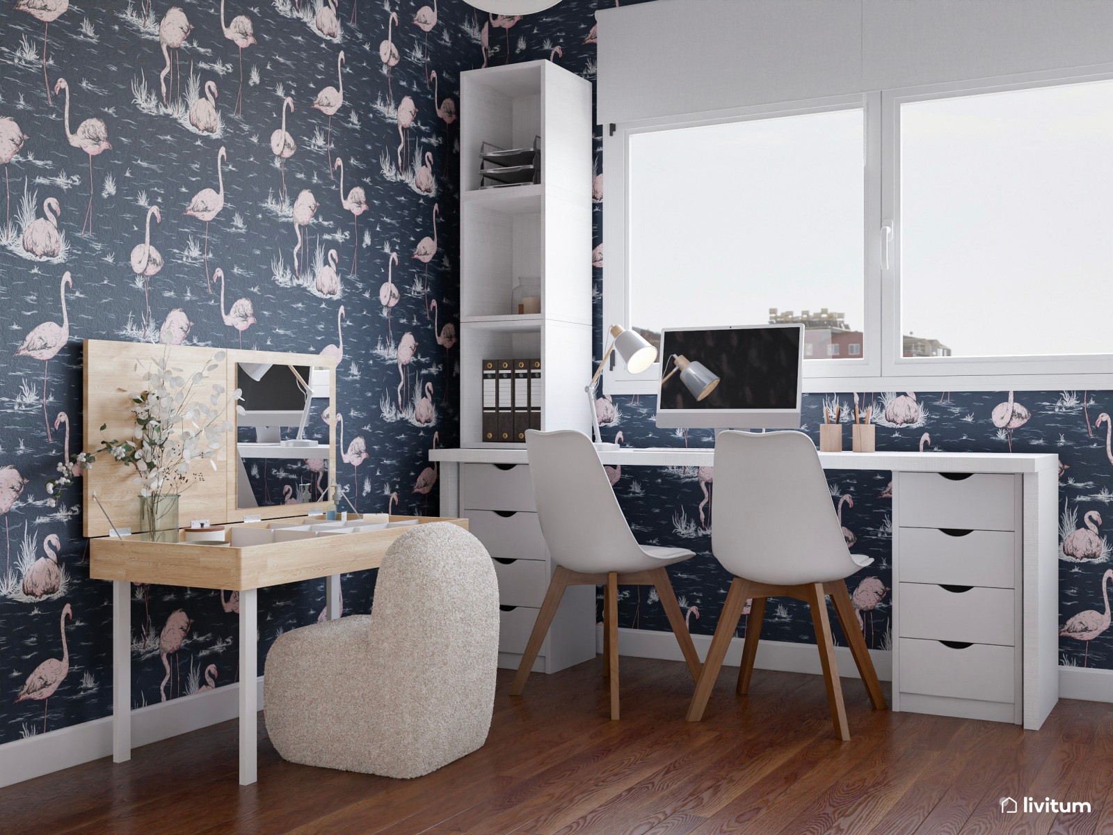 Habitación infantil con llamativo papel estampado azul marino