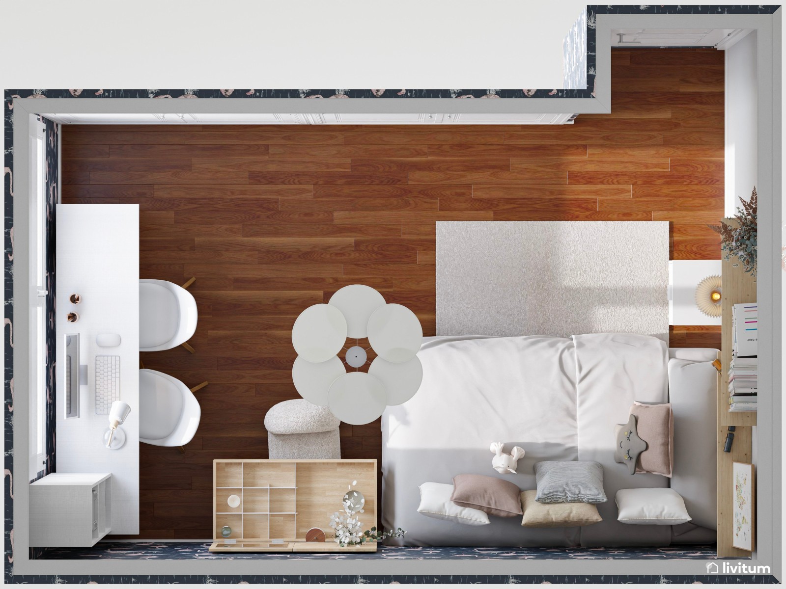 Habitación infantil con llamativo papel estampado azul marino