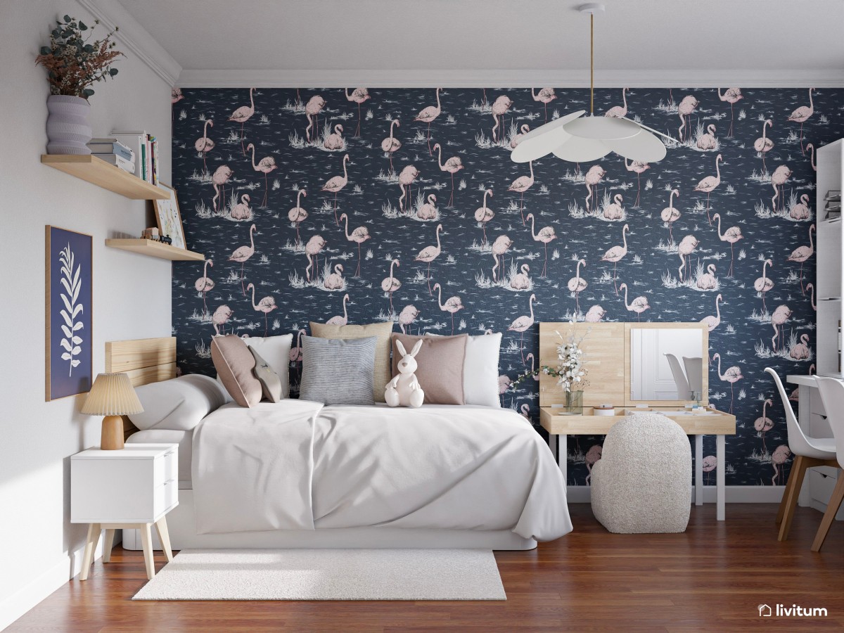 Habitación infantil con llamativo papel estampado azul marino
