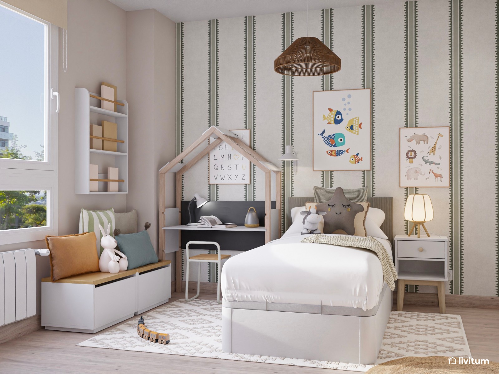 Habitación infantil con mucho almacenaje y un bonito escritorio