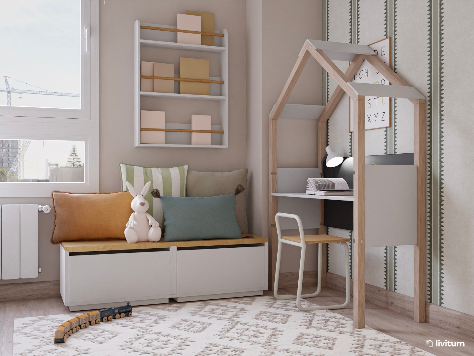 Habitación infantil con mucho almacenaje y un bonito escritorio