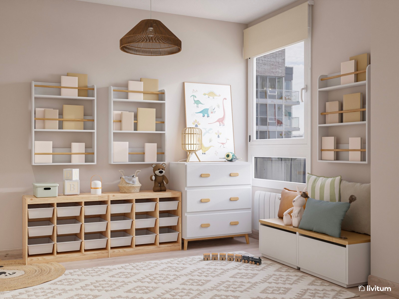 Habitación infantil con mucho almacenaje y un bonito escritorio