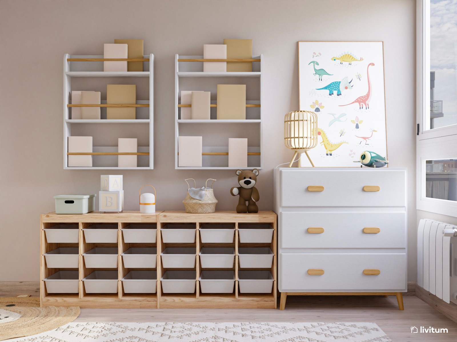 Habitación infantil con mucho almacenaje y un bonito escritorio